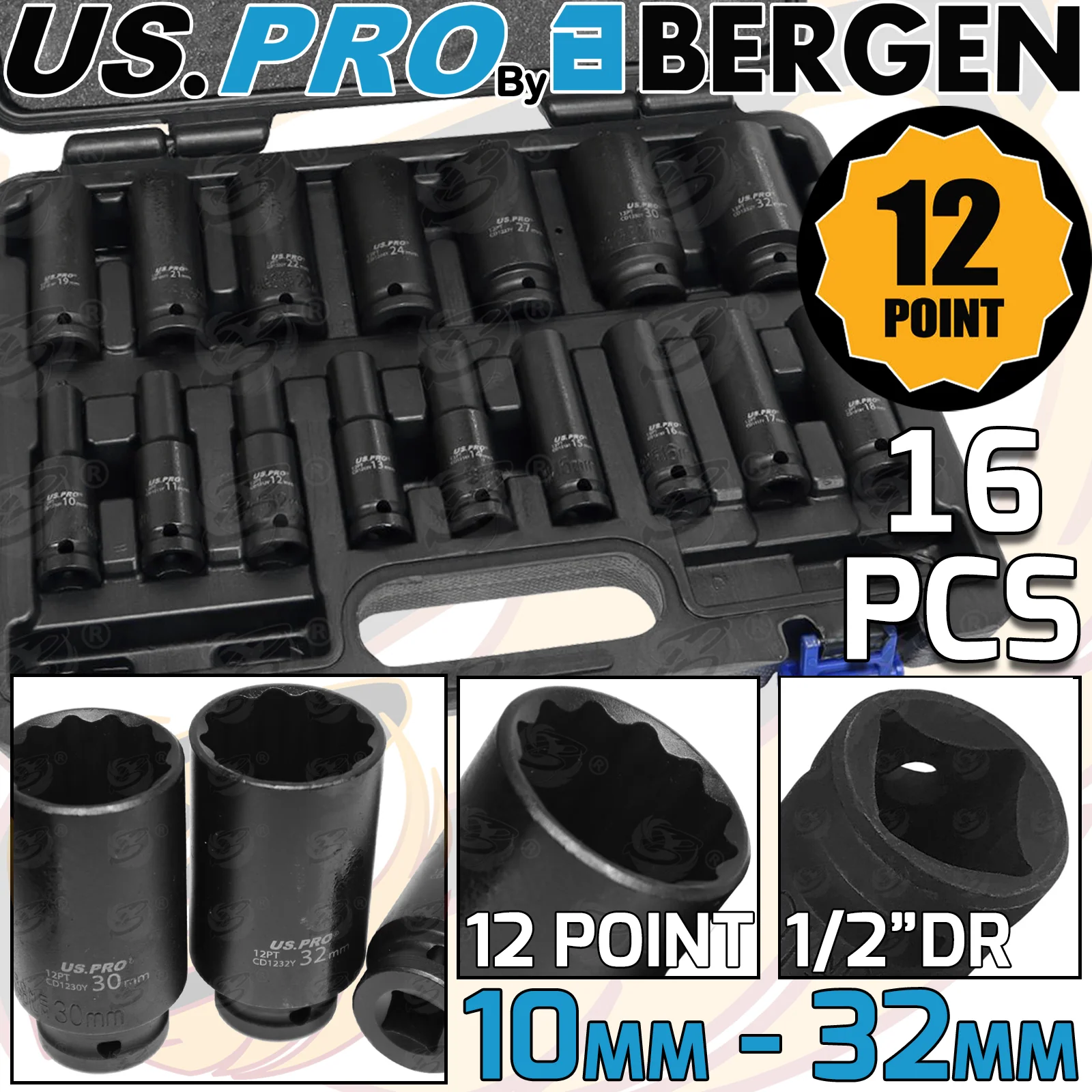 US Pro 16 Piece 1/2″ Drive 12 Point Deep Impact Sockets 10mm – 32mm  7536