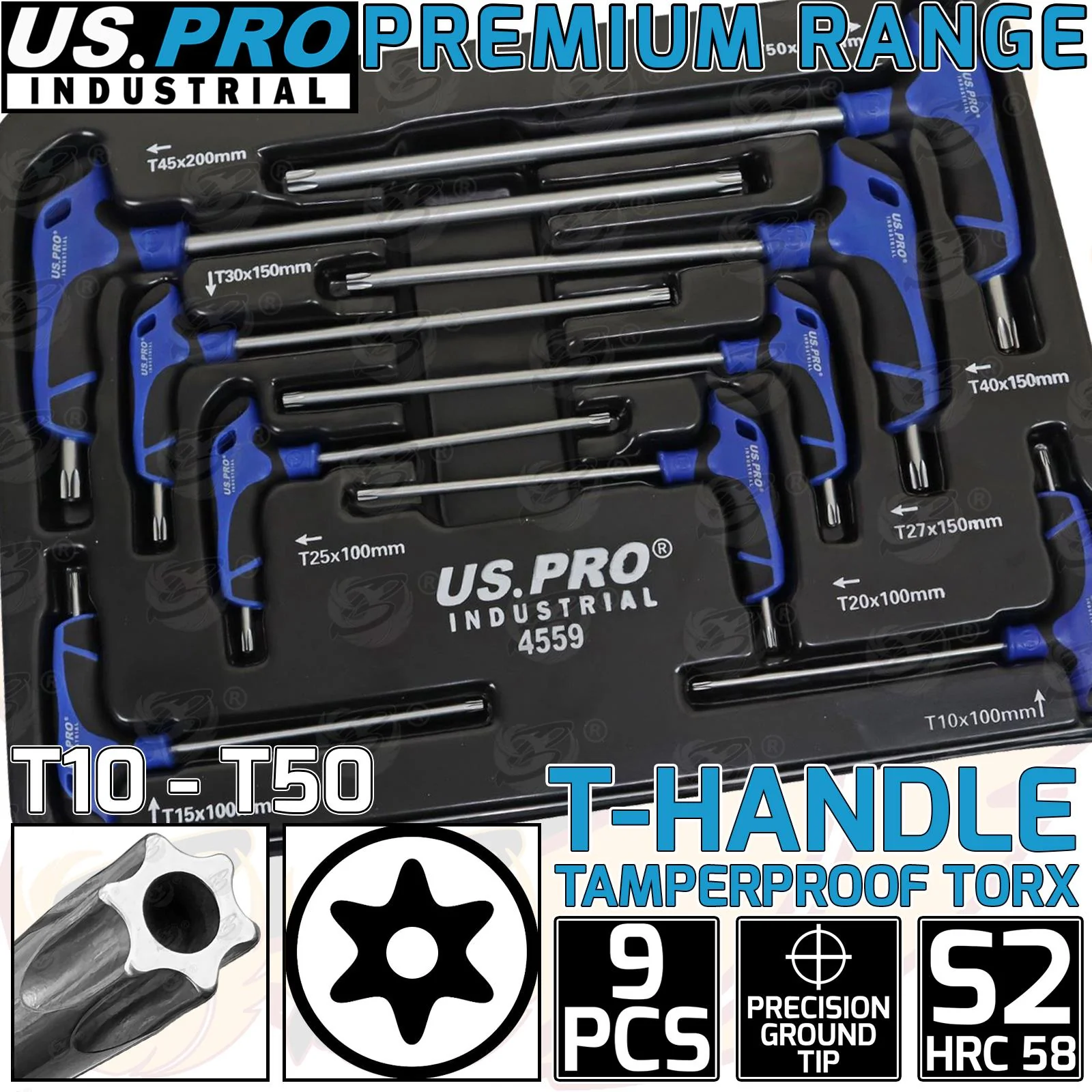US Pro Industrial 9 Piece T Handle Tamperproof Torx Keys T10 – T50  4559