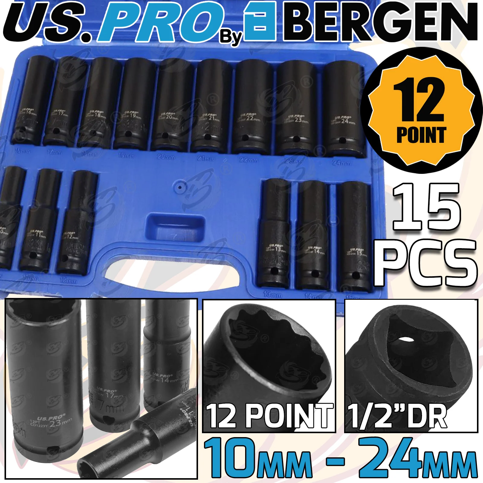 US Pro 15 Piece 1/2″ Drive 12 Point Deep Impact Sockets 10mm – 24mm  7535