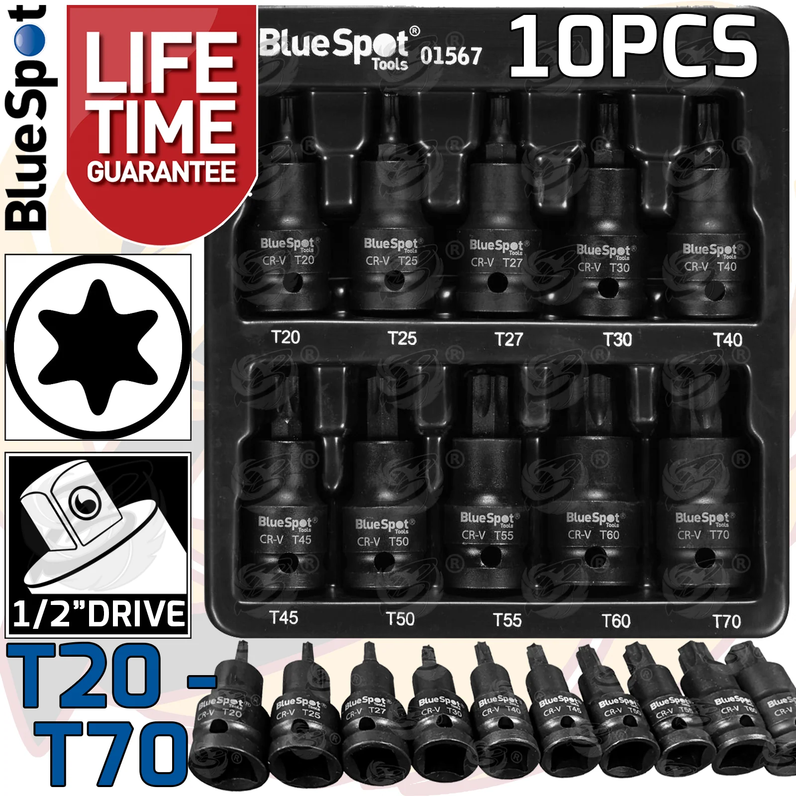 BlueSpot 10 Piece 1/2″ Drive Impact Torx Bit Sockets T20 – T70 ( 01567 )