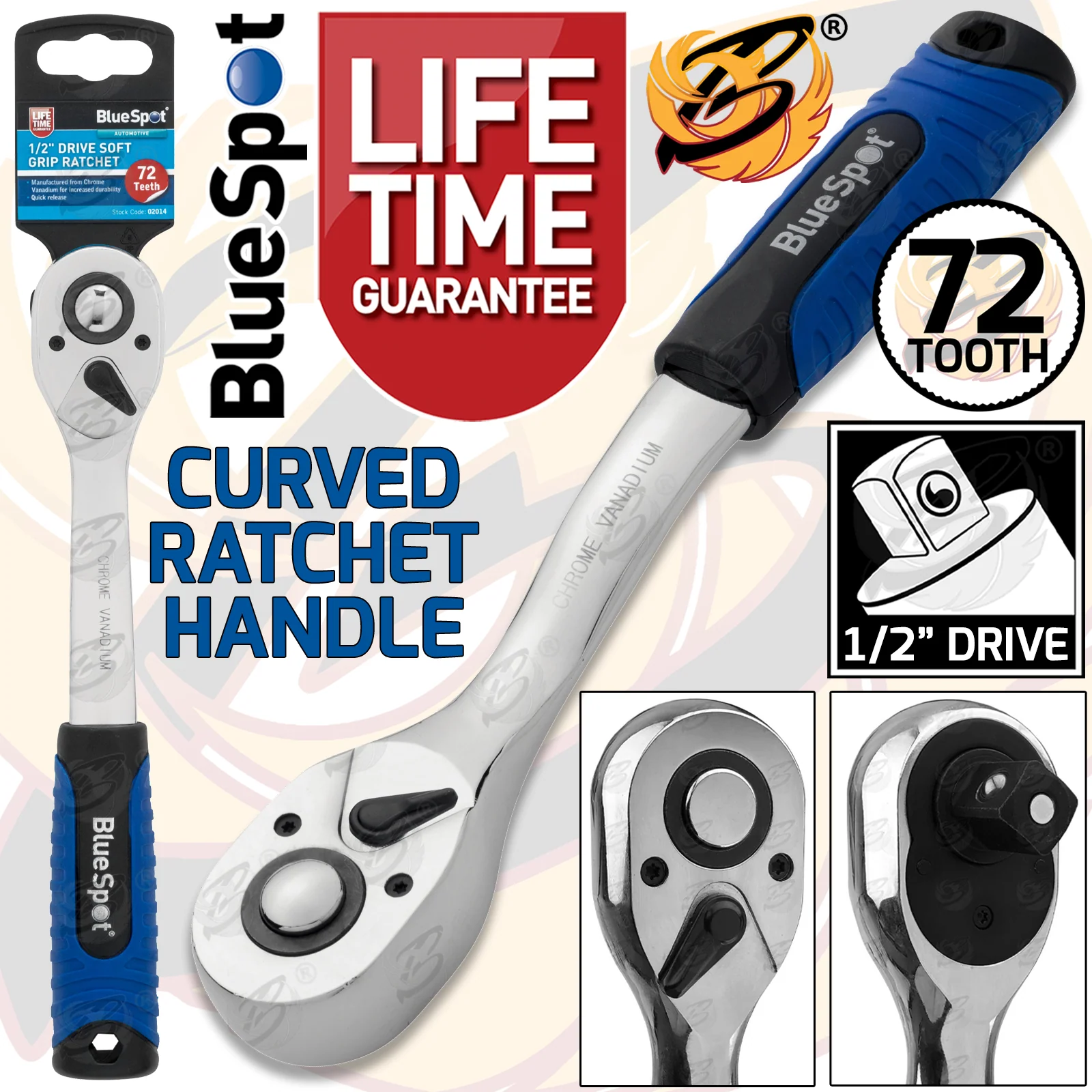 BlueSpot 1/2″ Drive 72 Tooth Soft Grip Curved Ratchet Handle ( 02014 )