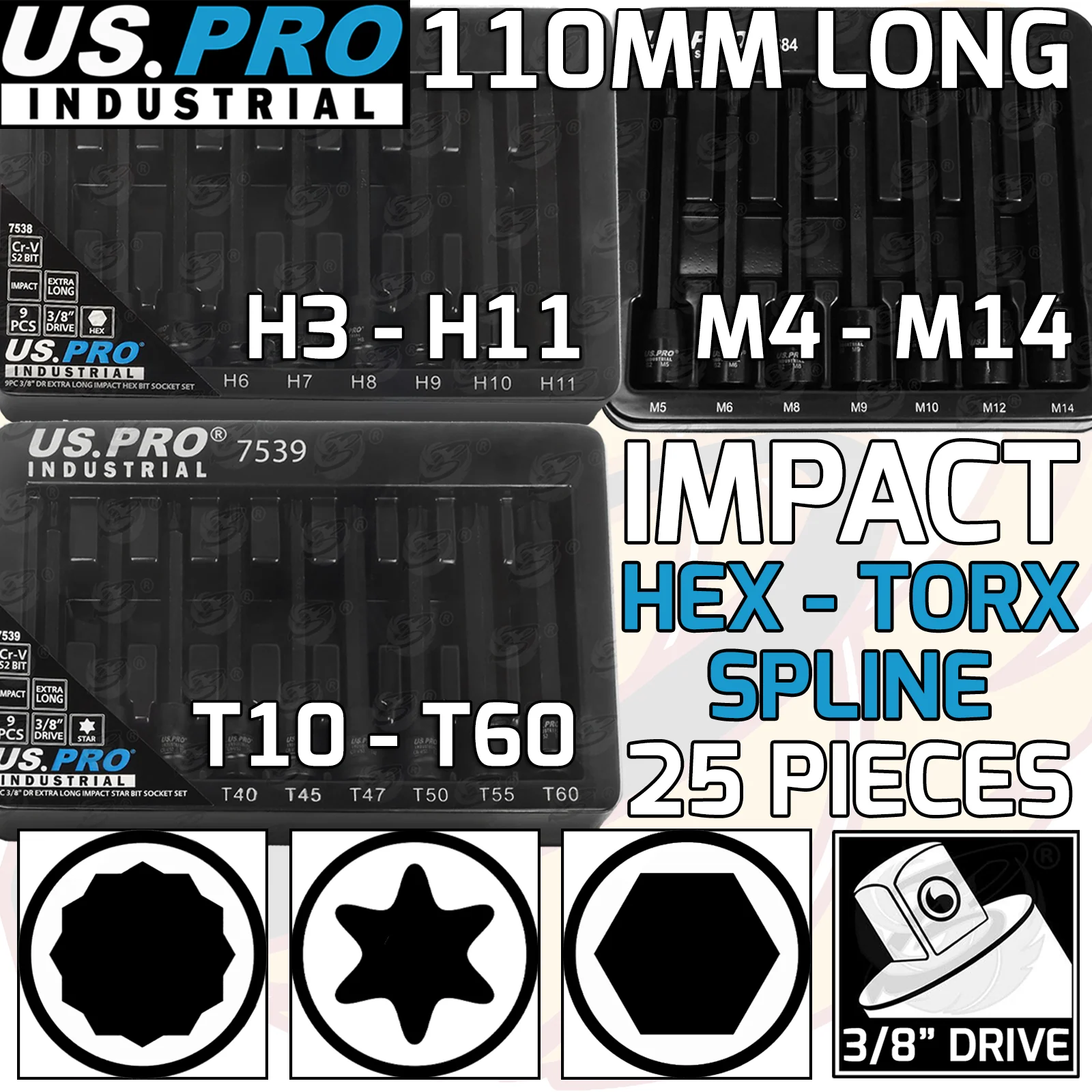 US Pro 25 Piece 3/8″ Drive Extra Long Impact Hex – Torx – Spline Bit Sockets  3684 & 7538 & 7539