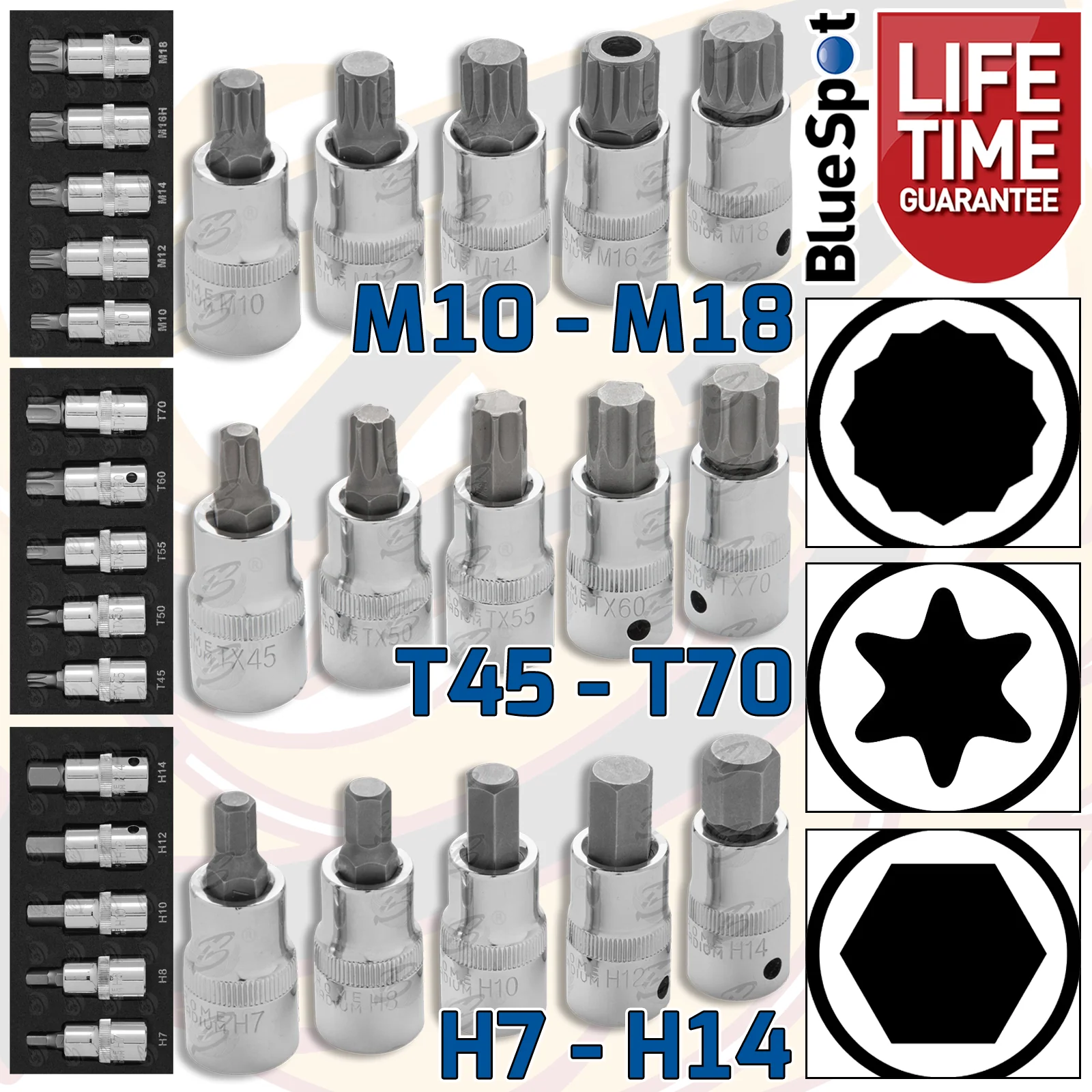 BLUESPOT 15PCS 1/2″ DRIVE MIXED BIT SOCKETS ( HEX – TORX – SPLINE )