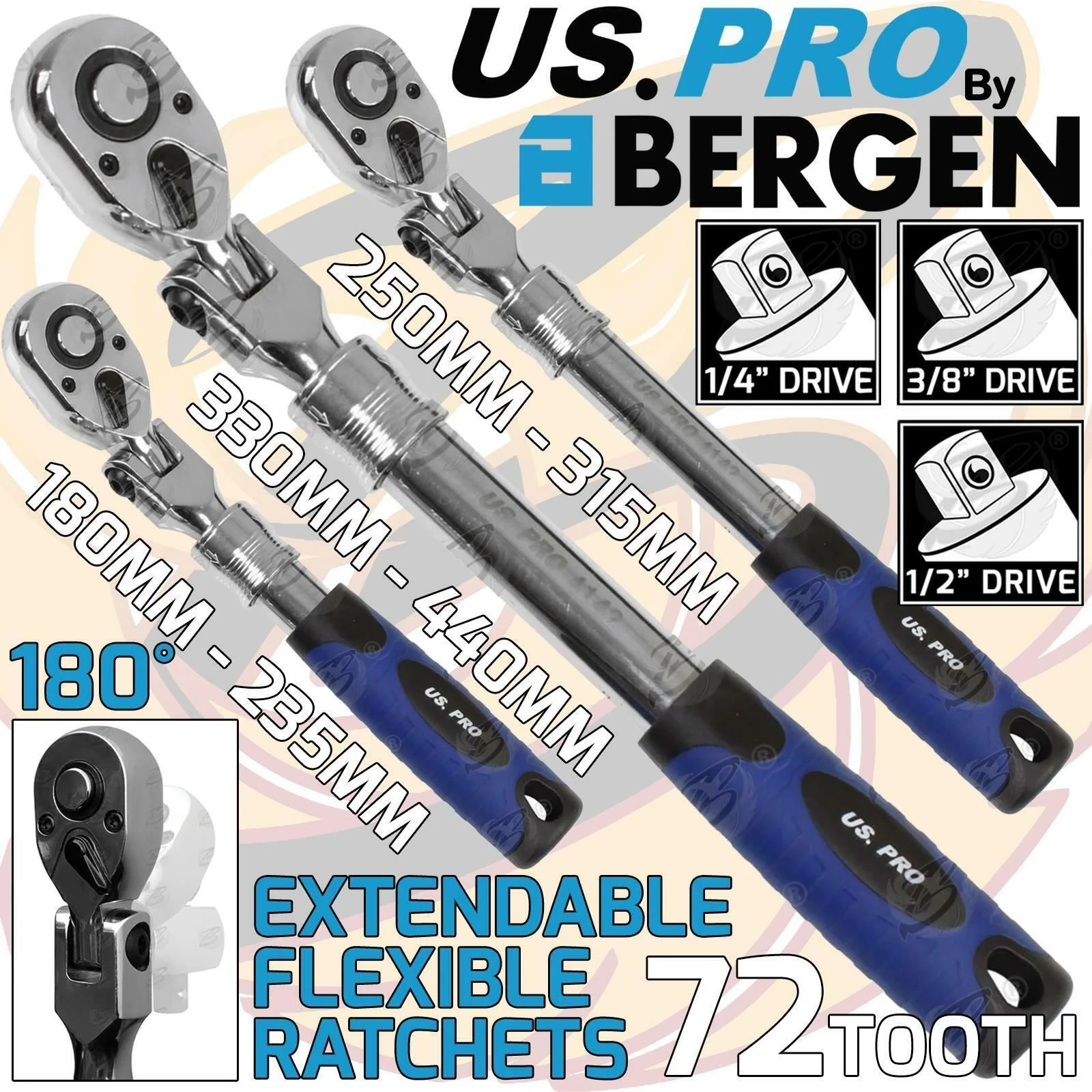 US Pro 3 Piece 1/4″ & 3/8″ & 1/2″ Drive 72 Tooth Flexi Extendable Ratchet Handles  4206