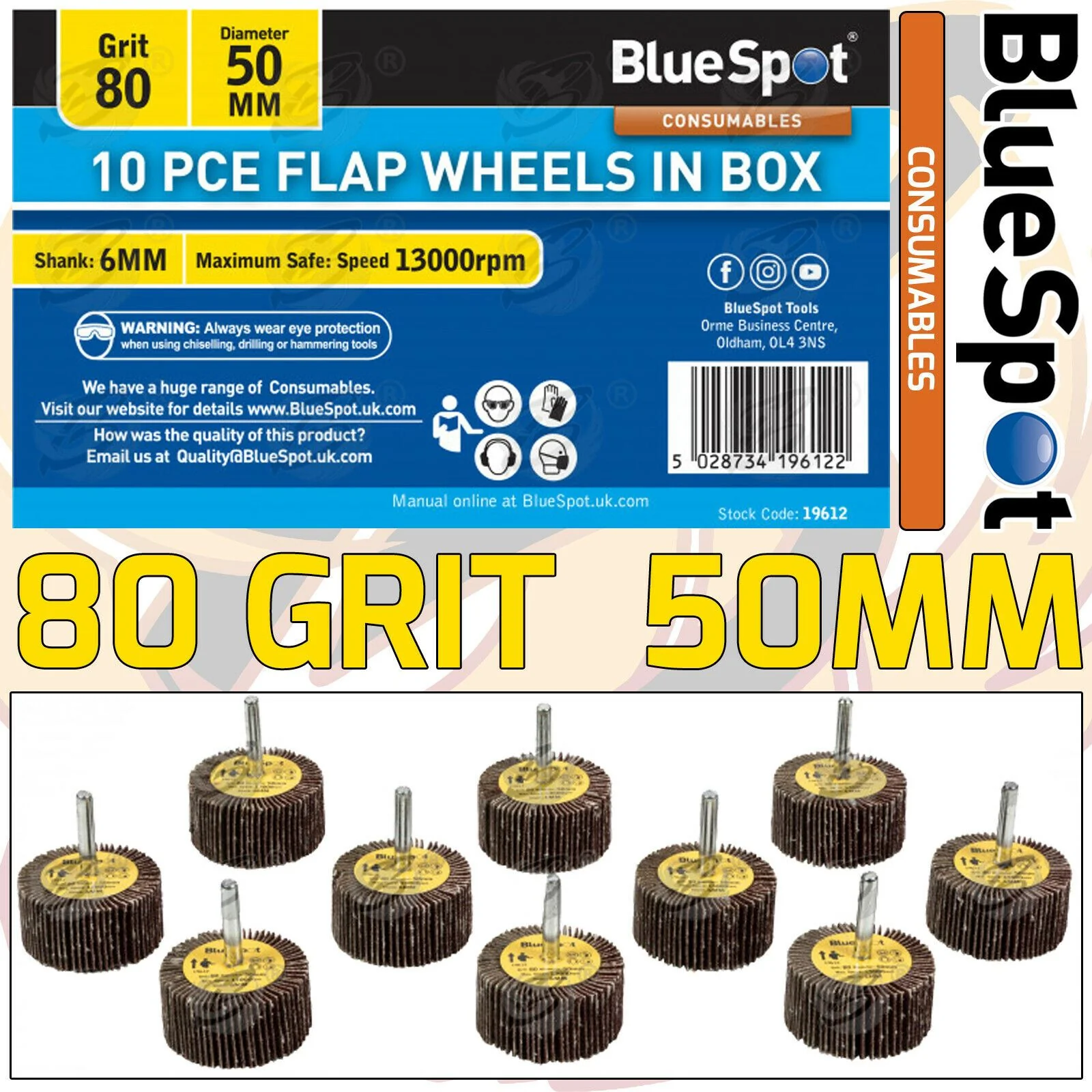 BlueSpot 10 Piece Flap Wheel Discs ( 80 Grit – 50mm ) ( 19612 )