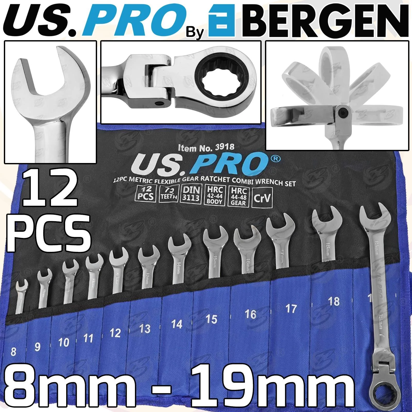 US Pro 12 Piece Combination Flexible Ratchet Spanner Set 8mm – 19mm  3918