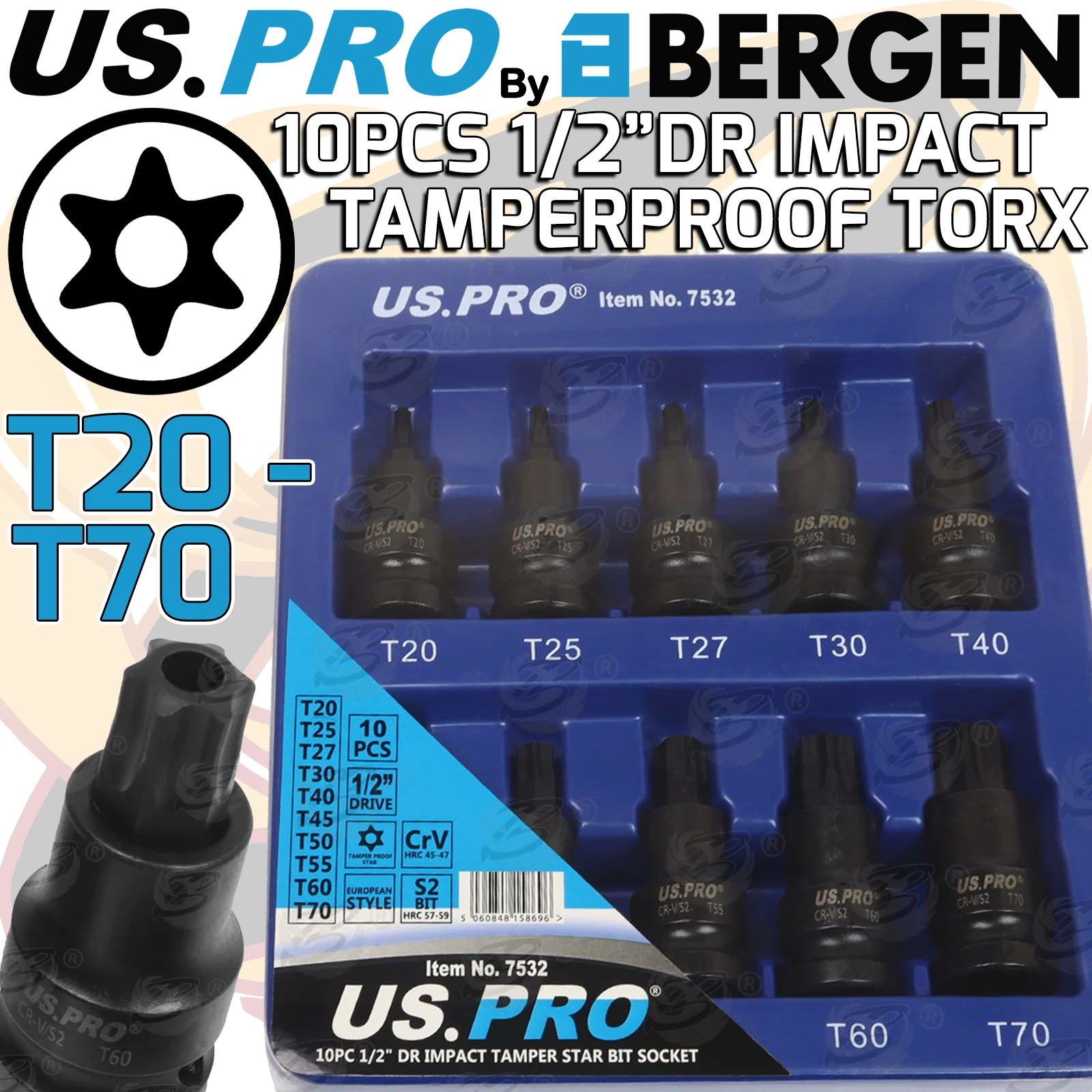 US Pro 10 Piece 1/2″ Drive Impact Tamperproof Torx Bit Sockets T20 – T70  7532