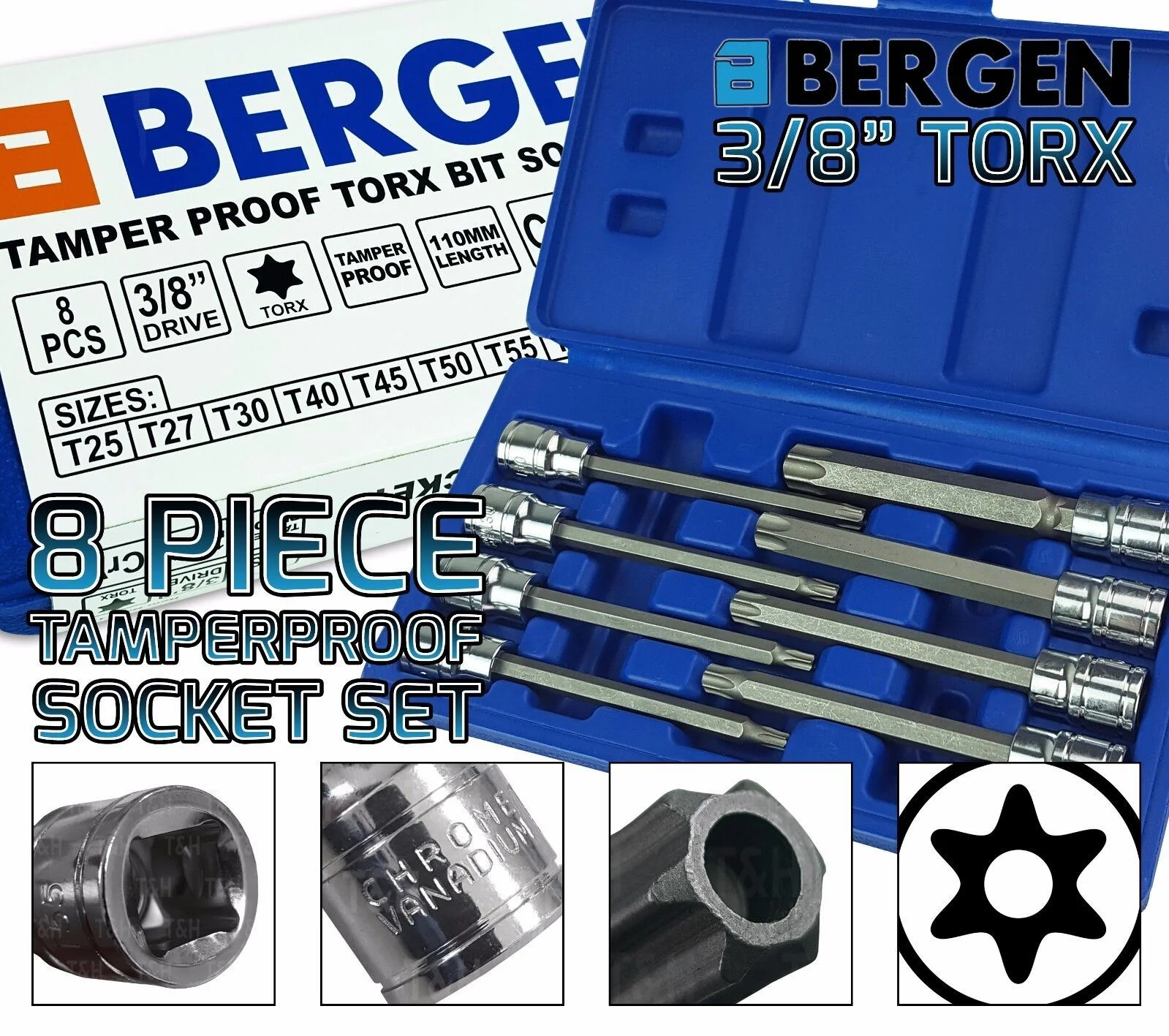 US Pro 8 Piece 3/8″ Drive Extra Long Tamperproof Torx Bit Sockets T25 – T60  1373
