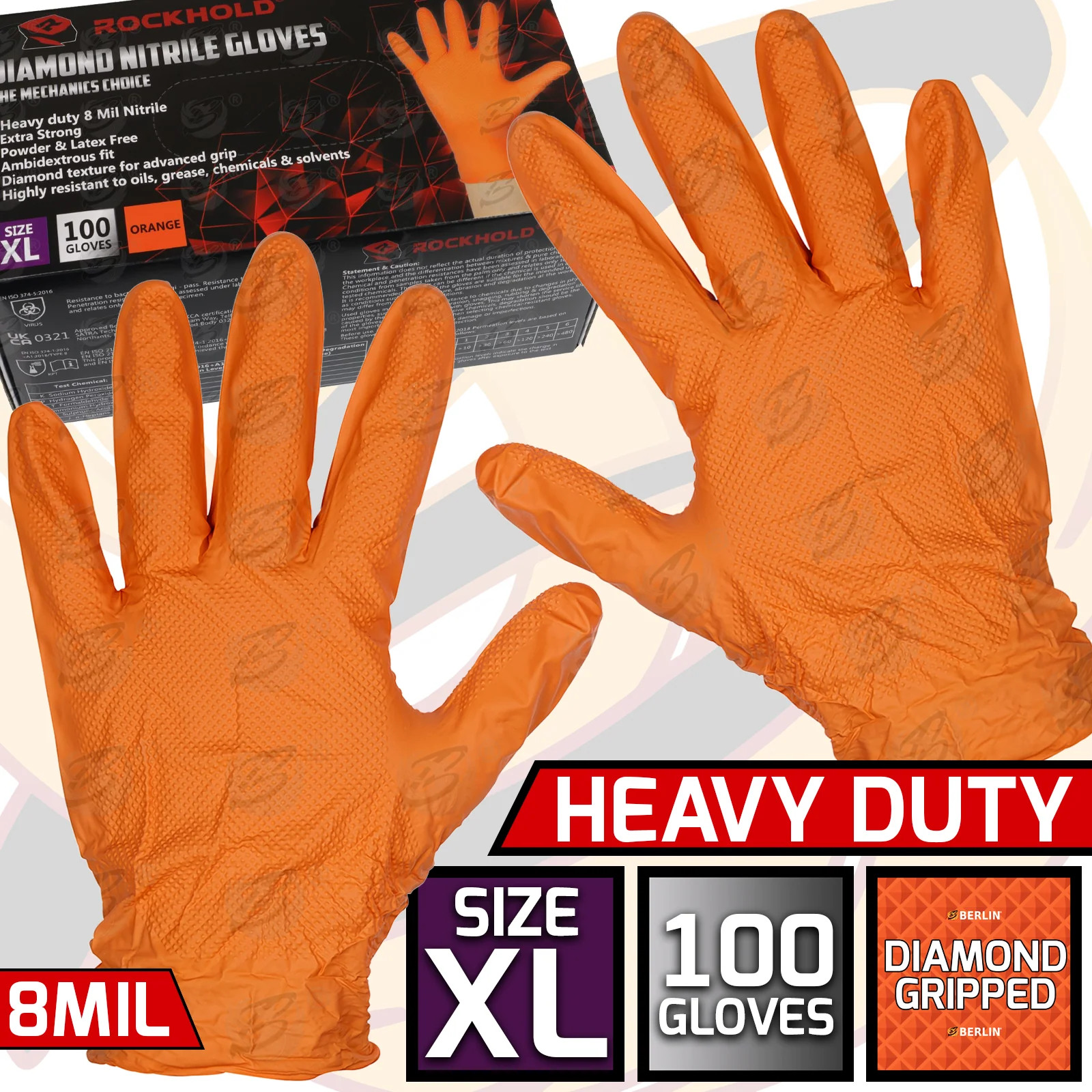 Rockhold Heavy Duty Orange 8 Mil Nitrile Diamond Grip Gloves ( x Large – 100 Gloves )  90014 / XL ( 1 BOX )