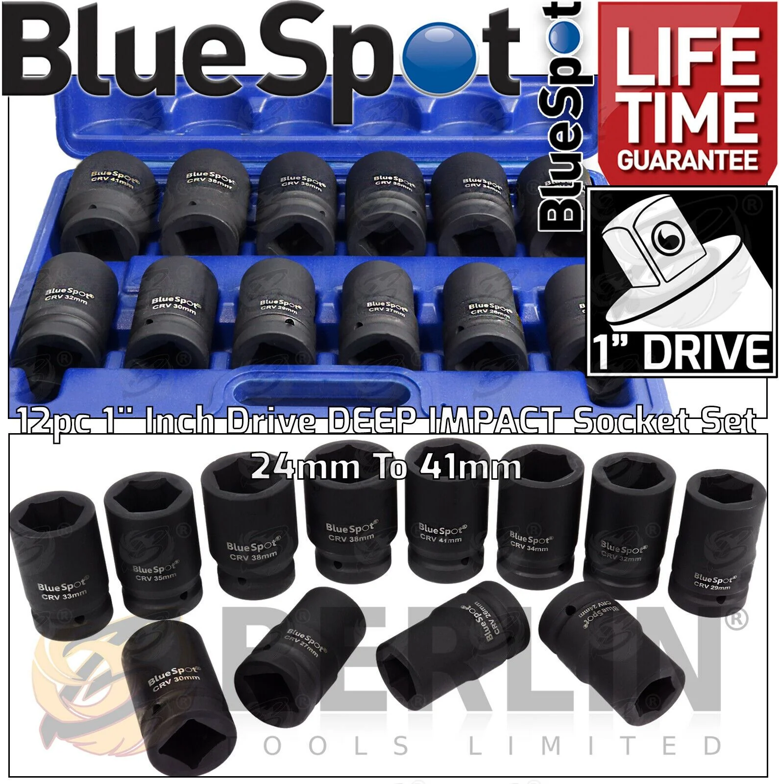BLUESPOT 12PCS 1″ DRIVE 6 POINT DEEP IMPACT SOCKETS 24MM – 41MM