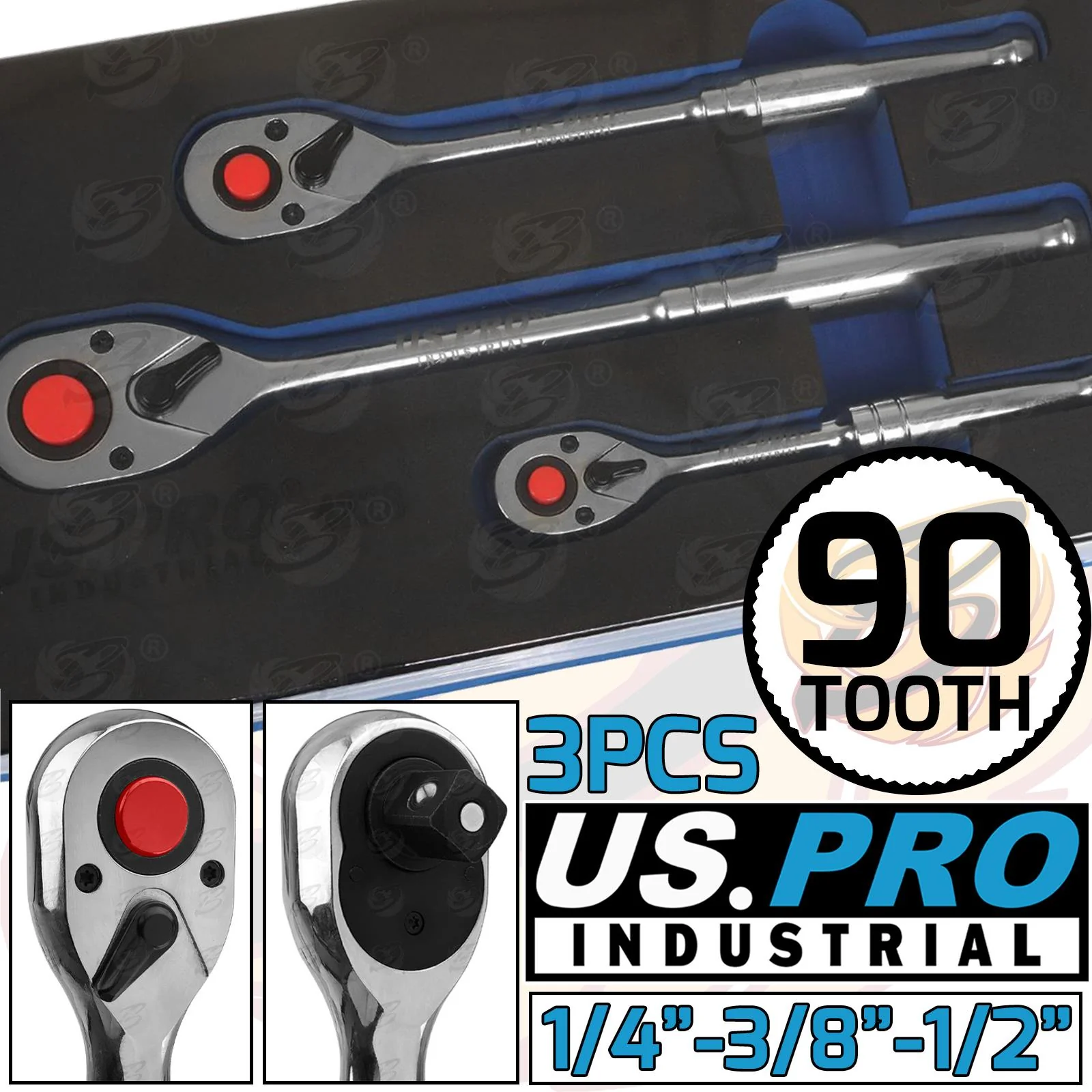US Pro Industrial 3 Piece 1/4″ & 3/8″ & 1/2″ Drive 90 Tooth Ratchet Handles  4228