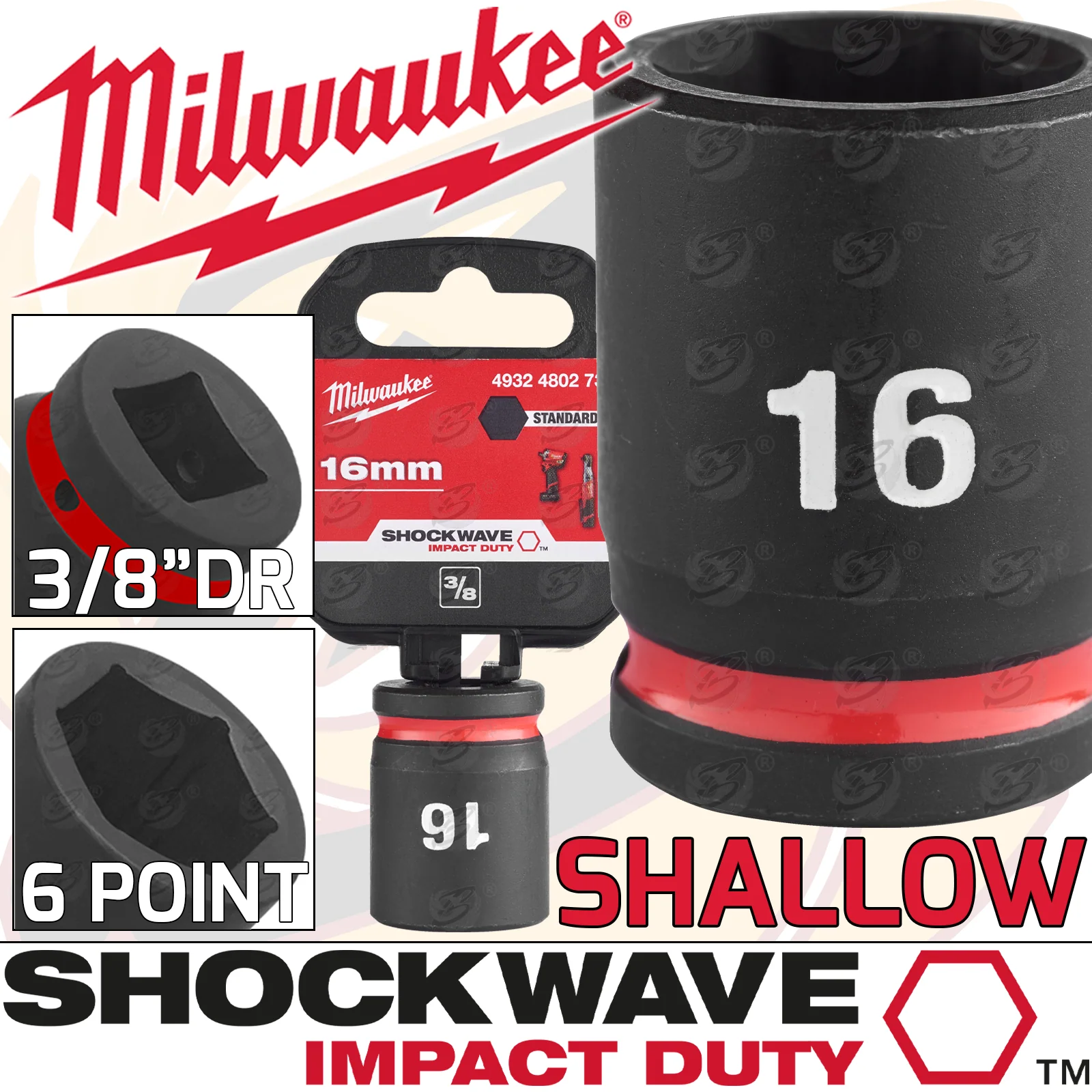Milwaukee 16mm 3/8″ Drive 6 Point Shallow Impact Socket ( Single ) ( 4932480273 )