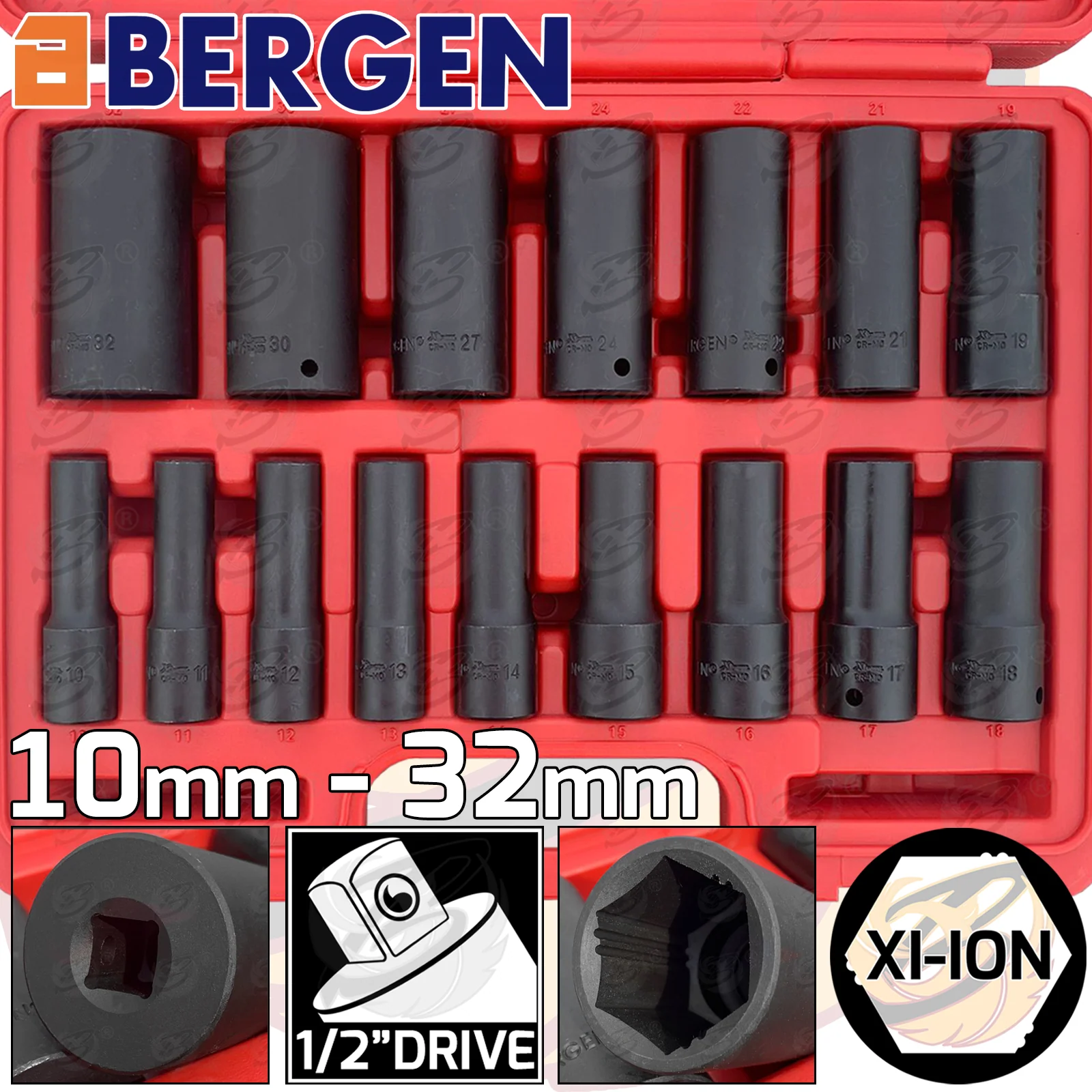 Bergen 16 Piece 1/2″ Drive 6 Point Xi – Ion Impact Socket Set ( 10mm – 32mm )  1402