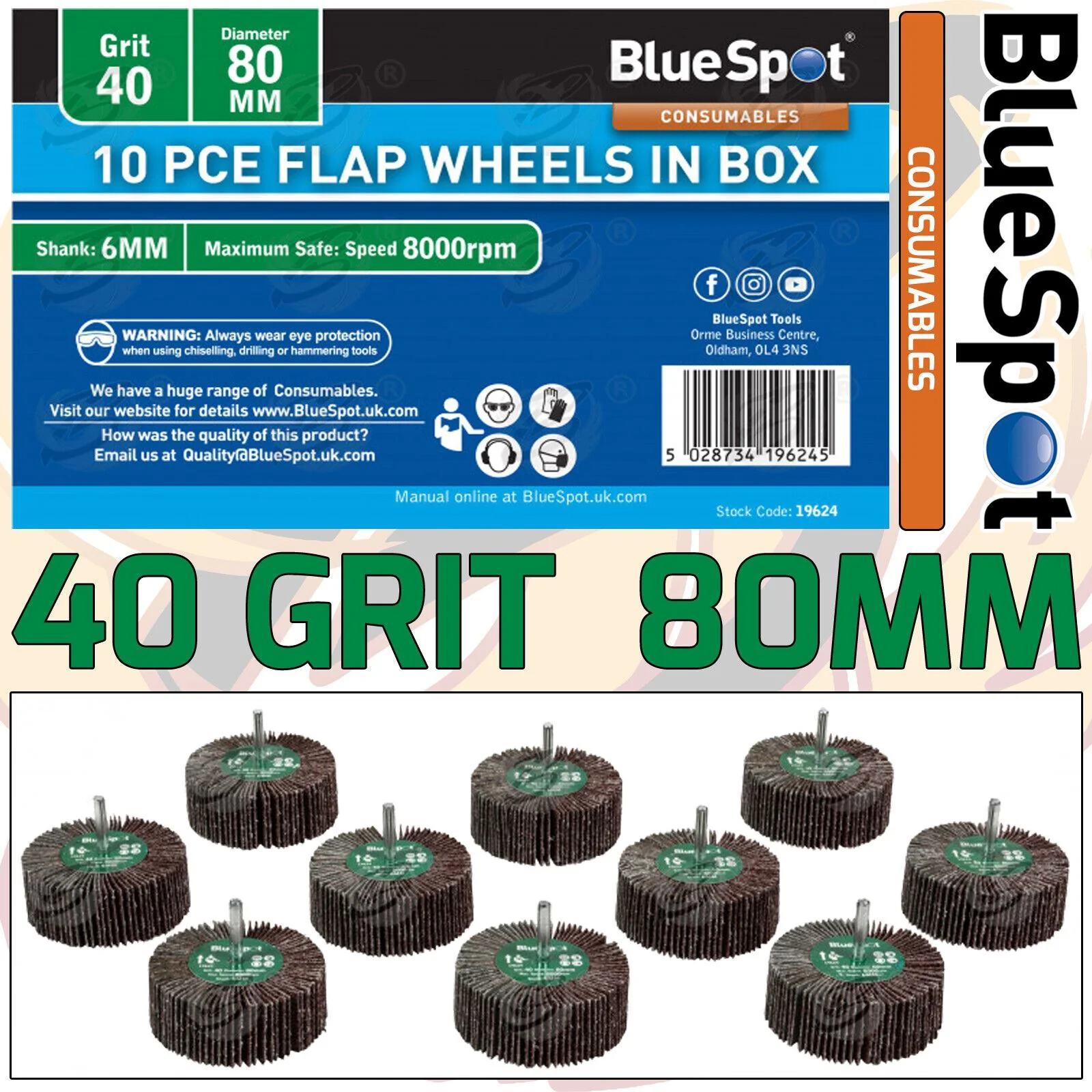 BlueSpot 10 Piece Flap Wheel Discs ( 40 Grit – 80mm ) ( 19624 )