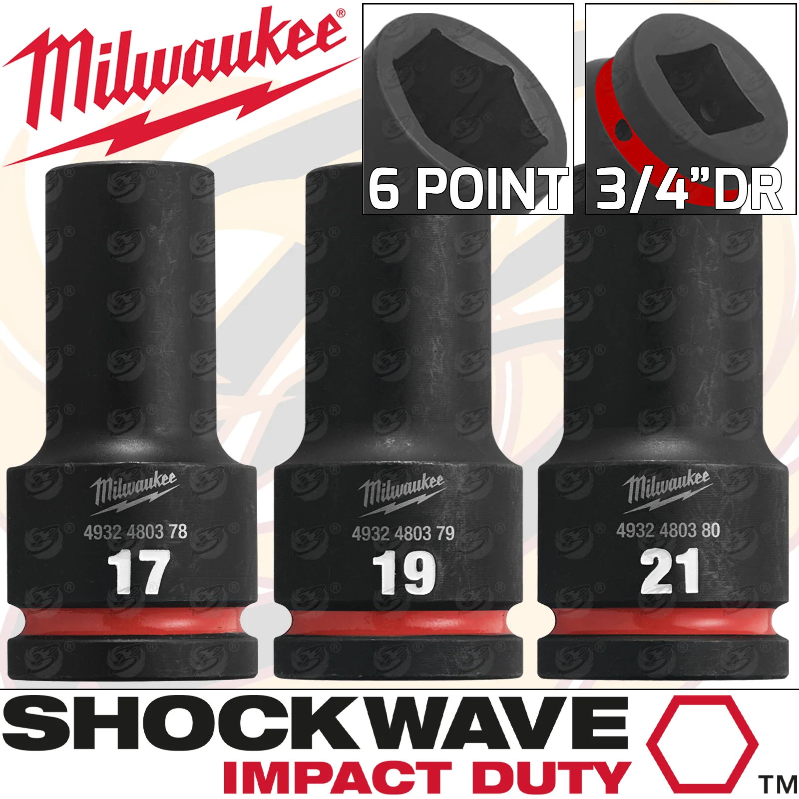 MILWAUKEE 3PCS 3/4″ DRIVE 6 POINT DEEP IMPACT SOCKETS 17MM – 19MM – 21MM