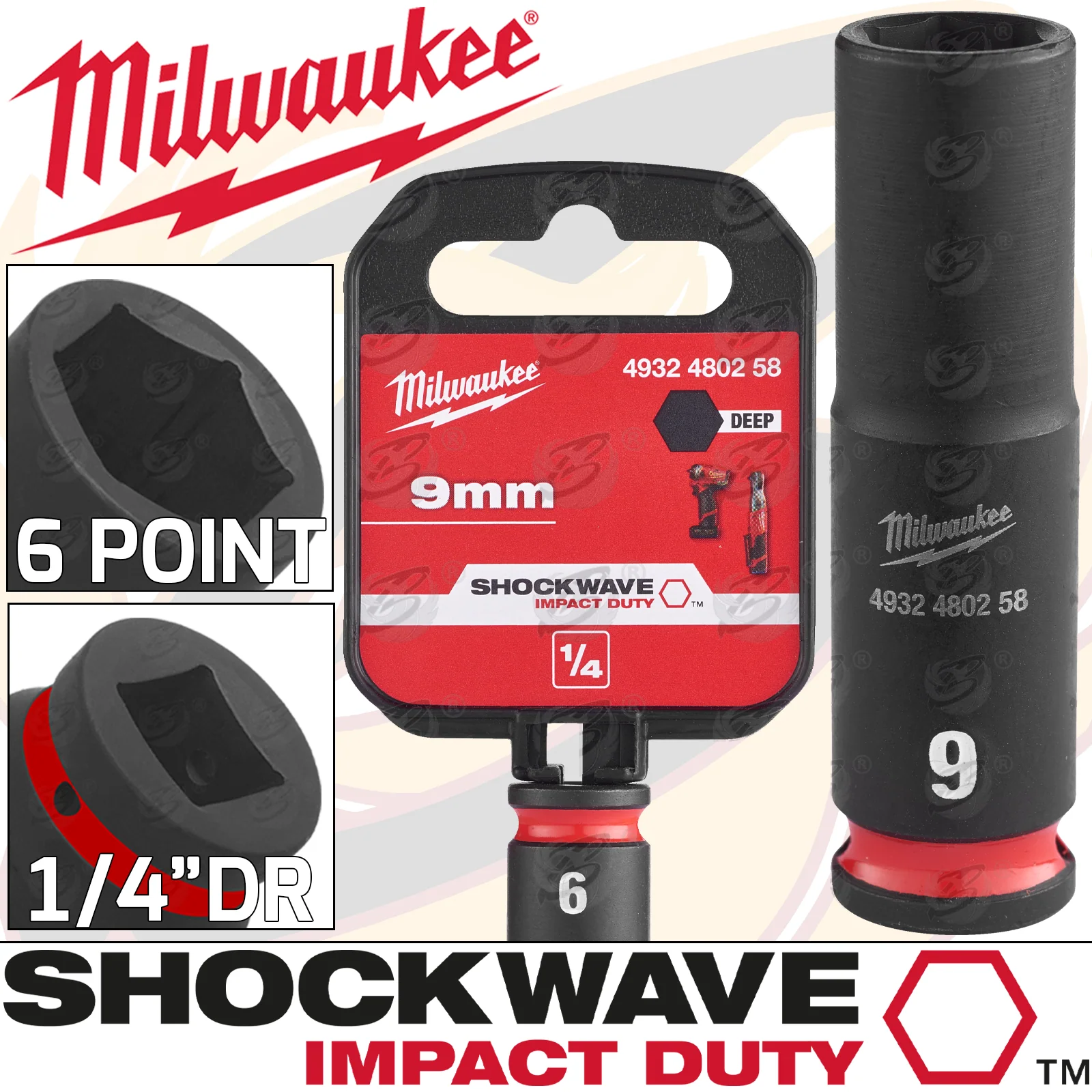 Milwaukee 9mm 1/4″ Drive 6 Point Deep Impact Socket ( Single ) ( 4932480258 )