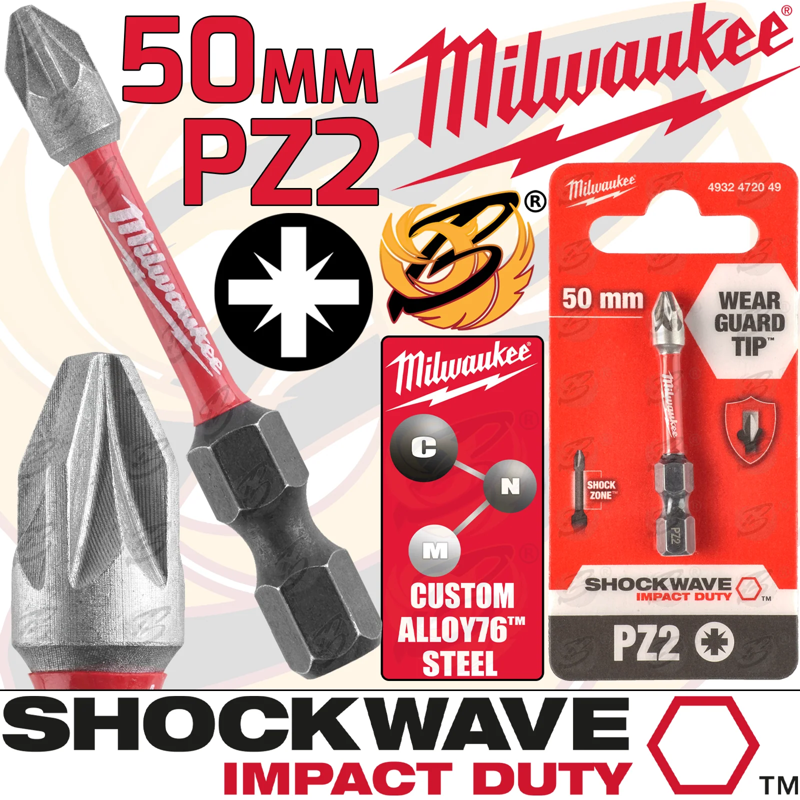 Milwaukee PZ2 x 50mm Pozidrive Impact Drill / Driver Bit ( Shockwave Impact Duty ) ( 4932472049 )