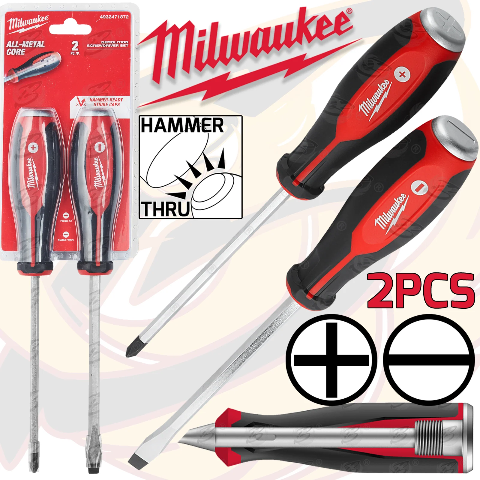 Milwaukee 2 Piece Tri – Lobe Demolition Go Through Screwdriver Set ( Slotted – PHillips ) ( 4932471872 )
