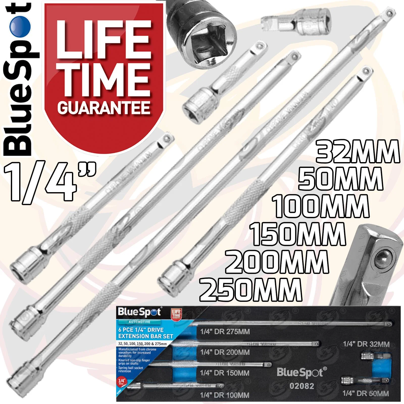 BlueSpot 6 Piece 1/4″ Drive Extension Bars 32mm – 250mm ( 02082 )