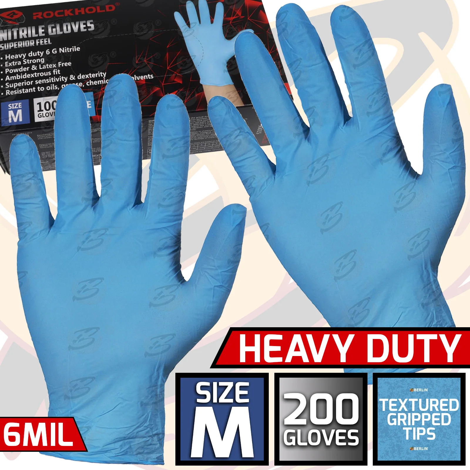 Rockhold Heavy Duty Blue 6 Mil Nitrile Textured Tip Gloves ( Medium – 200 Gloves )  90015 / M ( 2 BOXES )