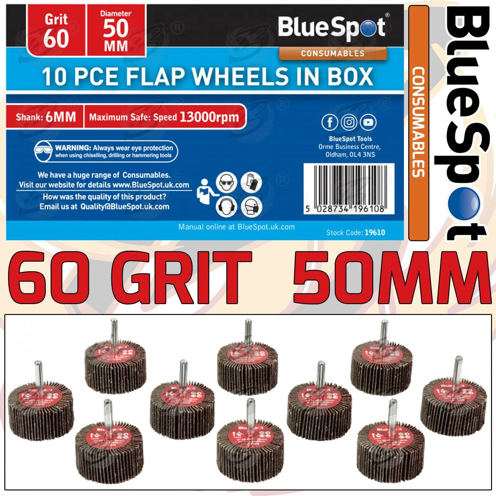 BlueSpot 10 Piece Flap Wheel Discs ( 60 Grit – 50mm ) ( 19610 )
