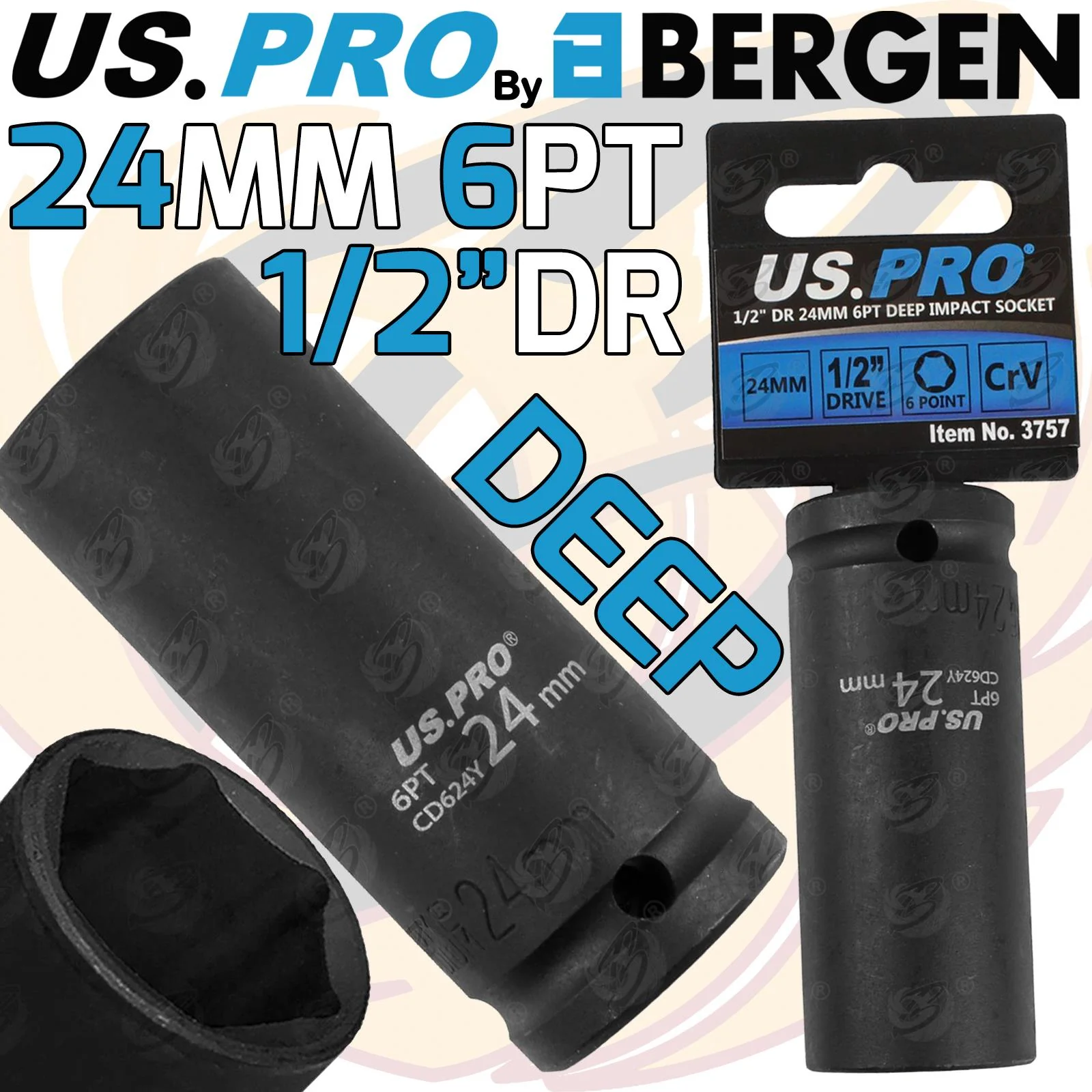 US Pro 24mm 1/2″ Drive 6 Point Deep Impact Socket ( Single )  3757