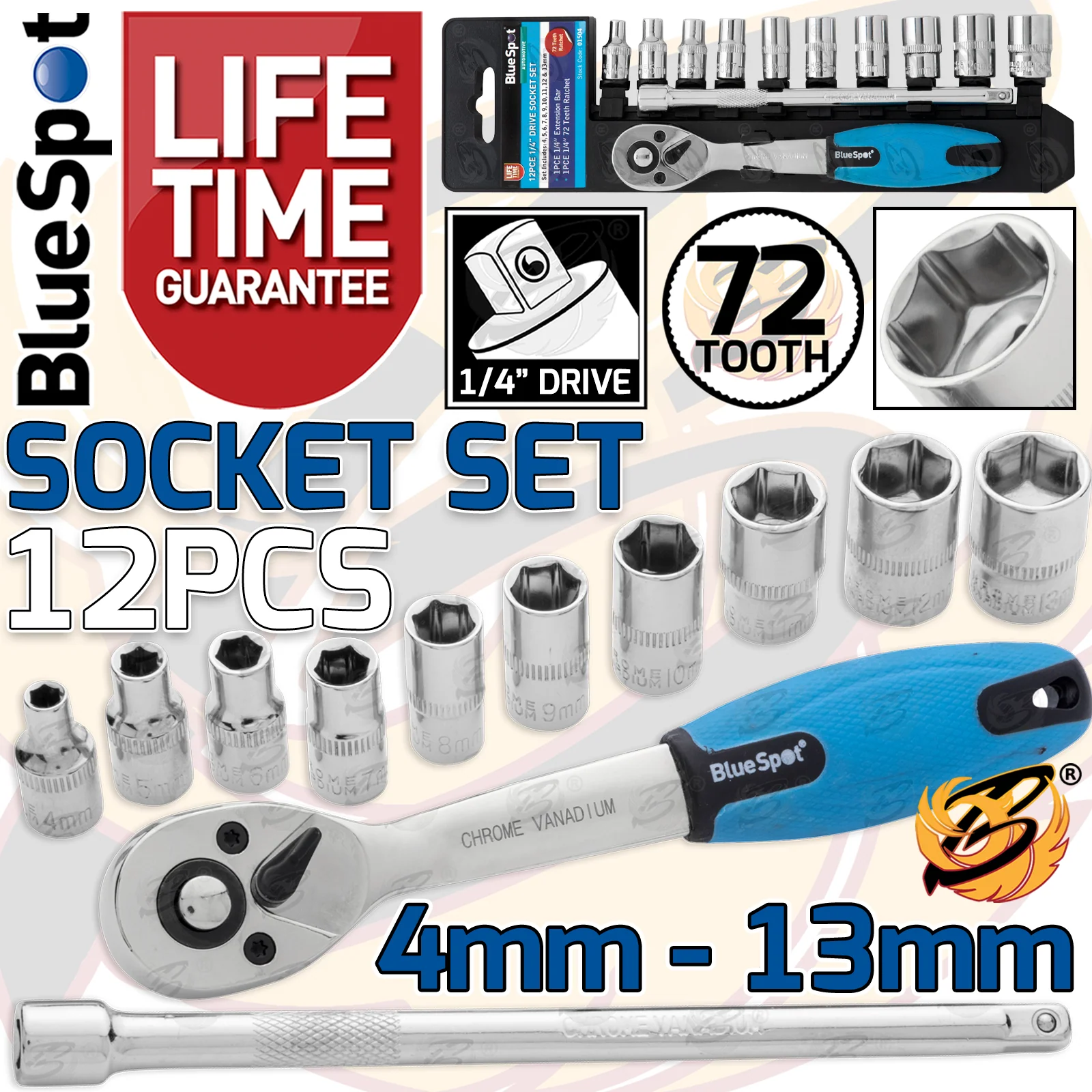 BlueSpot 12 Piece 1/4″ Drive 6 Point Socket Set 4mm – 13mm ( 01504 )