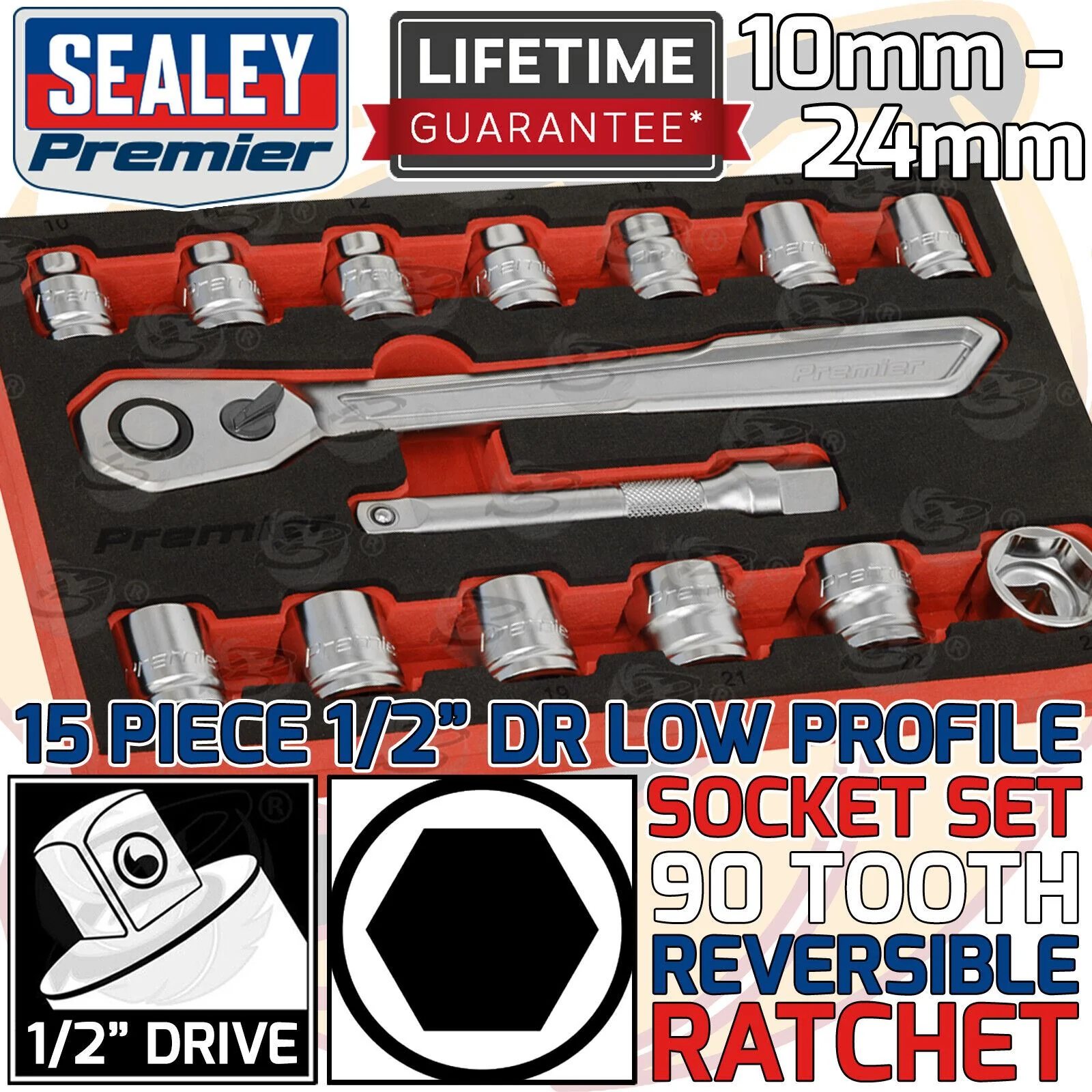 Sealey 15 Piece 1/2″ Drive 6 Point 90 Tooth Low Profile Socket Set 10mm – 24mm ( AK5787 )
