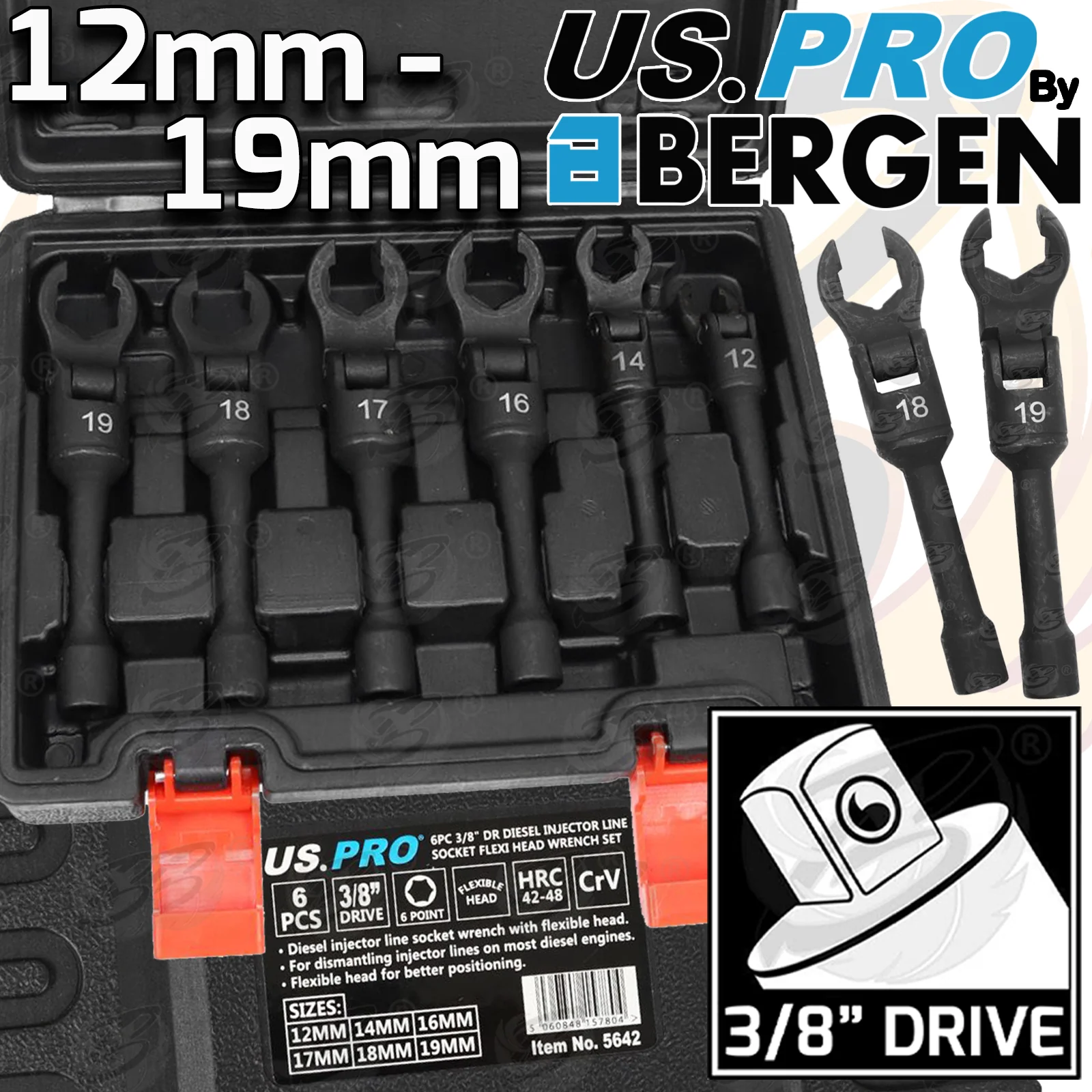 US Pro 6 Piece 3/8″ Drive Diesel Injector Line Socket Flexi Head Wrench Set ( 12mm – 19mm )  5642