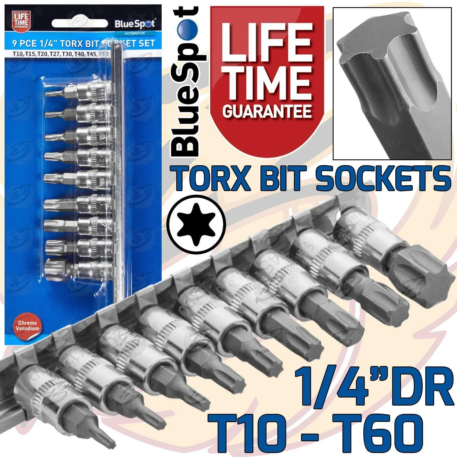 BlueSpot 9 Piece 1/4″ Drive Torx Bit Sockets T10 – T60 ( 01521 )
