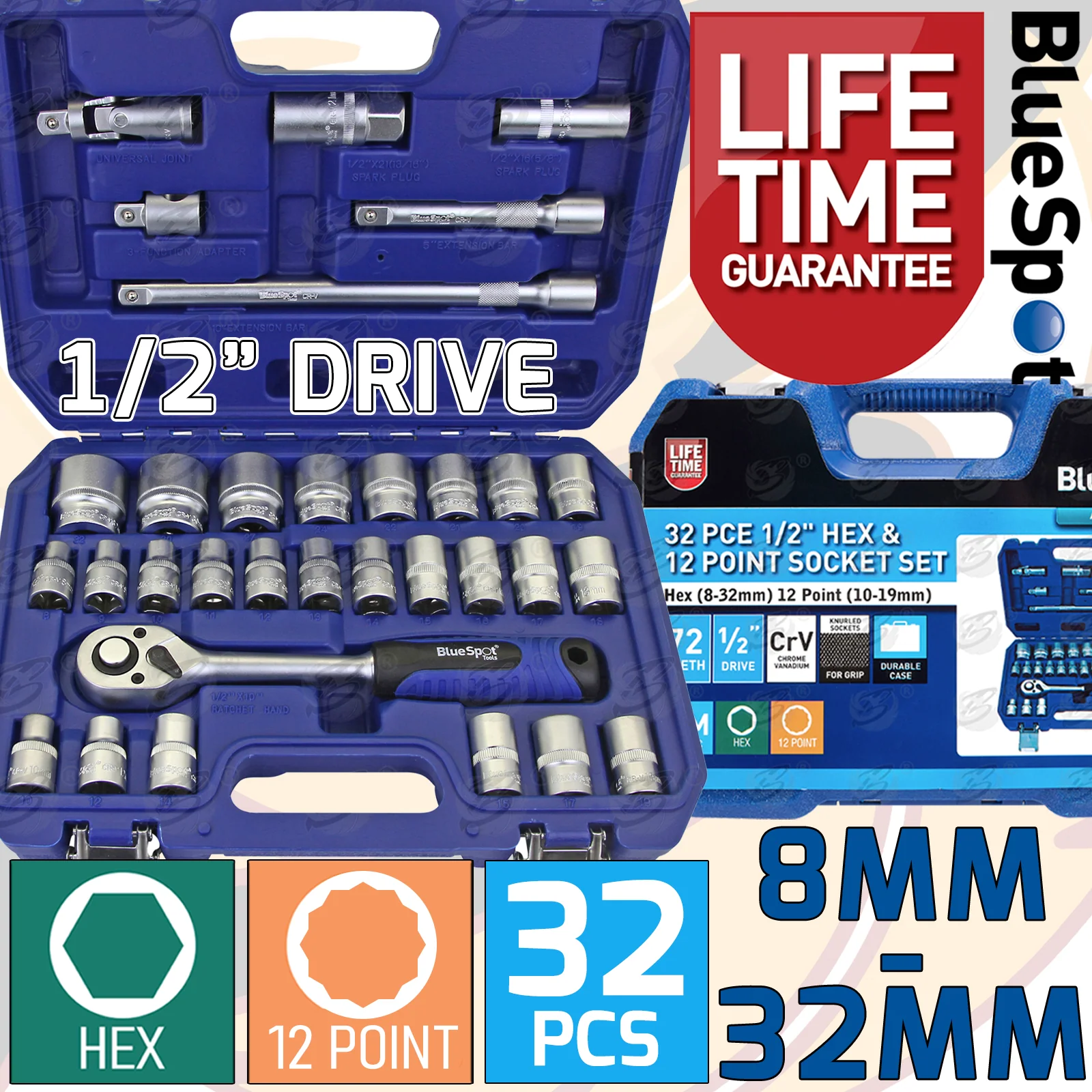 BlueSpot 32 Piece 1/2″Drive 6 Point & 12 Point Socket Set 8mm – 32mm ( 01577 )