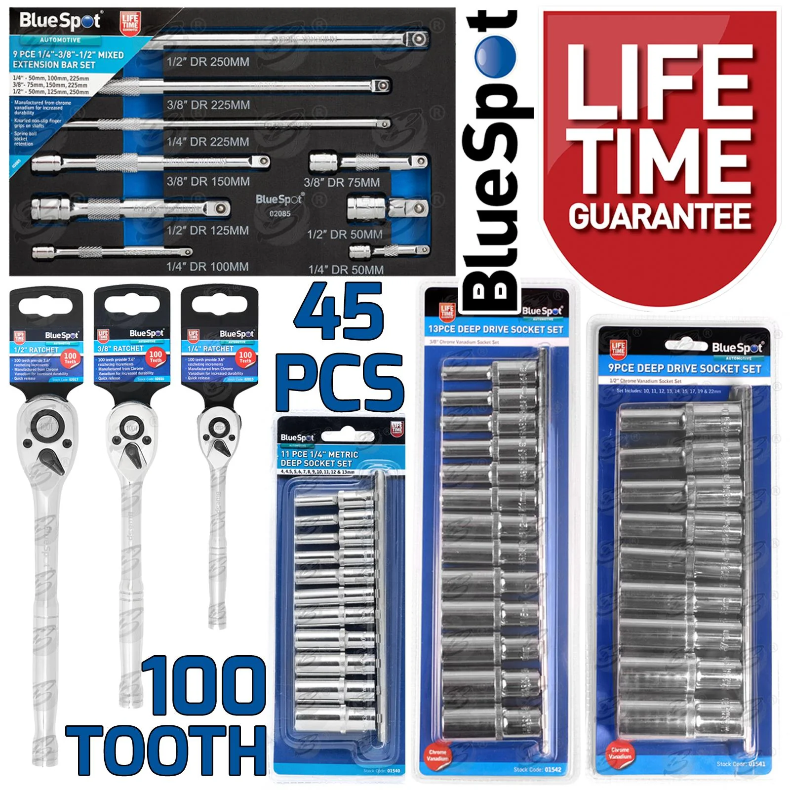 BLUESPOT 45PCS 1/4″ & 3/8″ & 1/2″ DRIVE 100 TOOTH 6 POINT DEEP SOCKET SET 4MM – 22MM