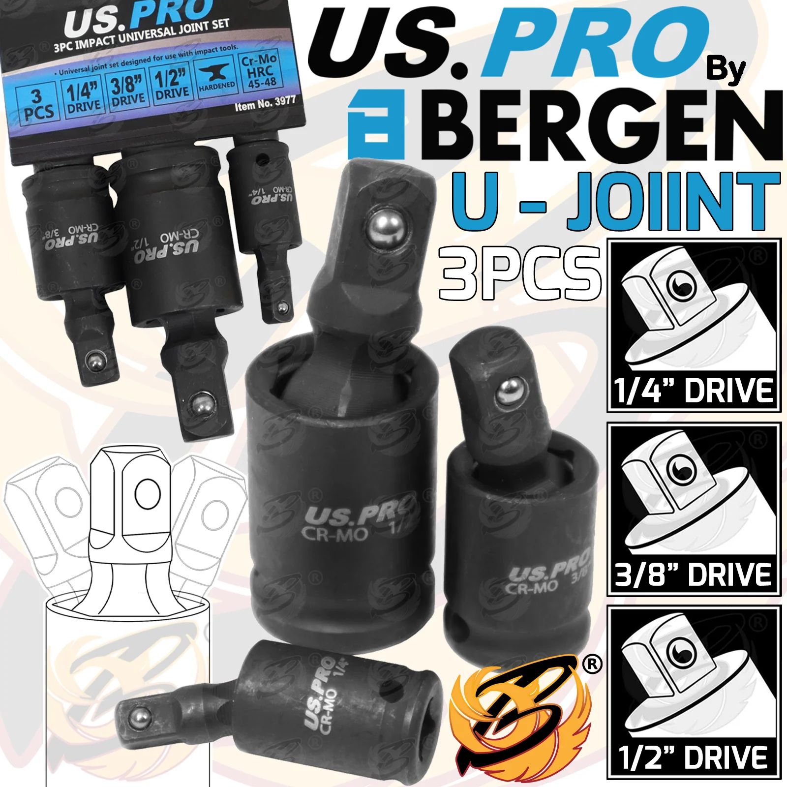 US Pro 3 Piece 1/4″ – 3/8″ – 1/2″ Drive Impact Universal Joint Wobble Set  3977