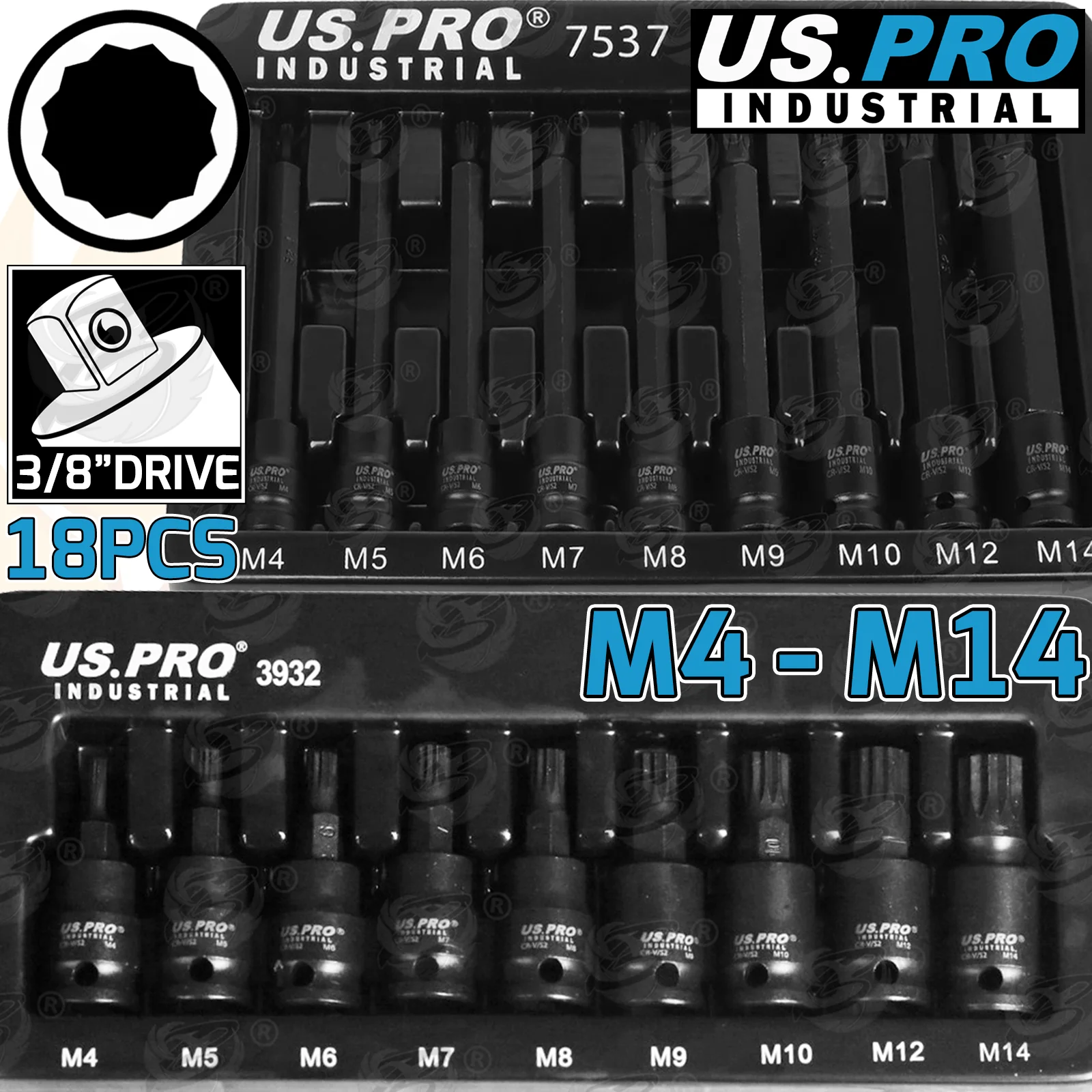 US Pro Impact 18 Piece 3/8″ Drive Long & Short Spline Bit Socket Set M4 – M14  7537 & 3932