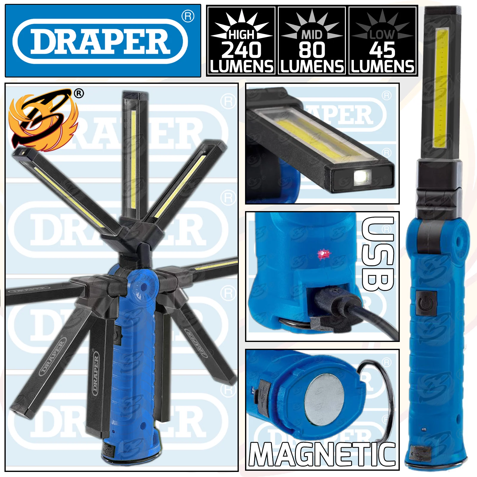 Draper Rechargeable Li – Ion Cob Smd Slimline Inspection Torch ( Blue ) ( 11769 )