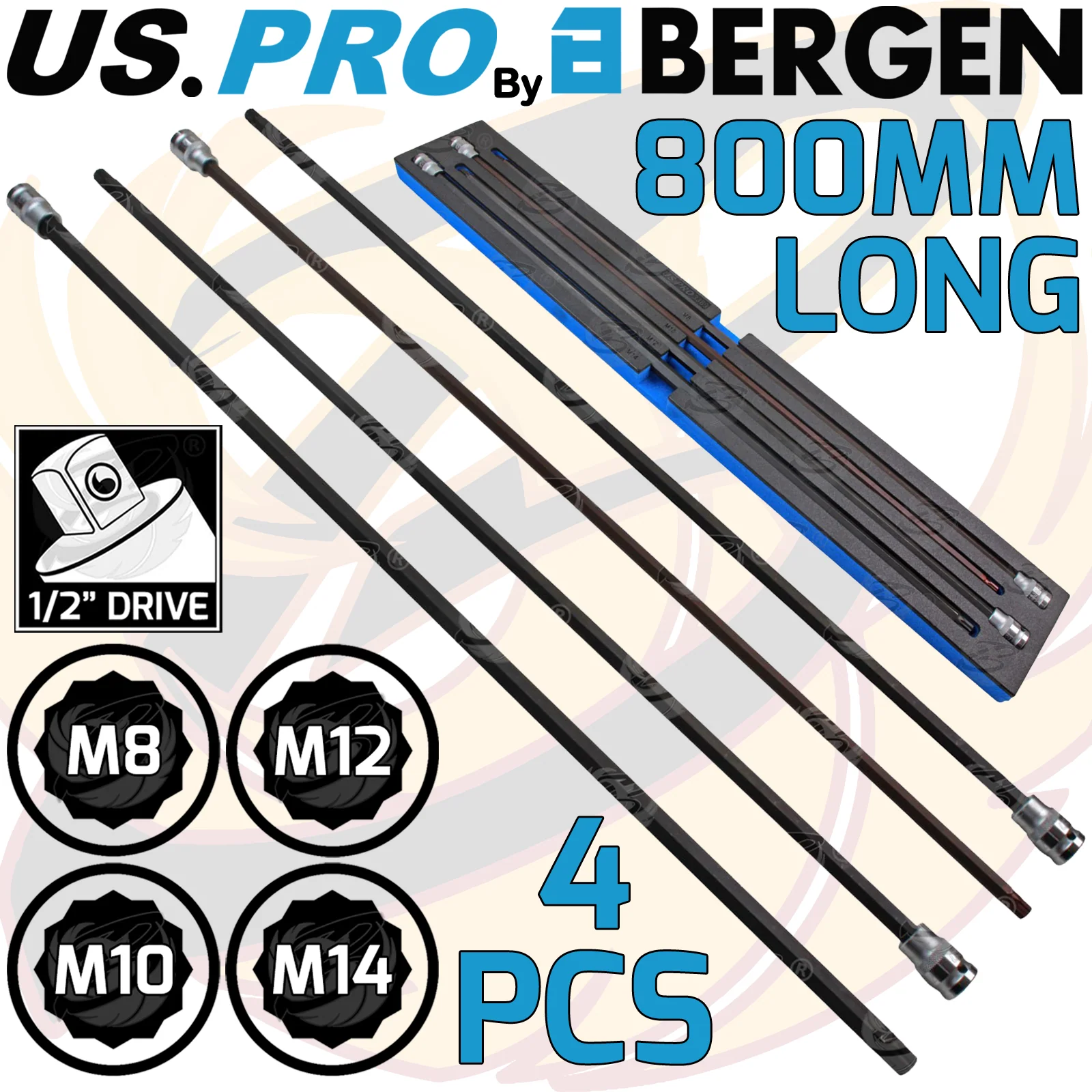 US Pro 4 Piece 800mm 1/2″ Drive Extra Long Spline Bit Sockets M8 – M14  3389