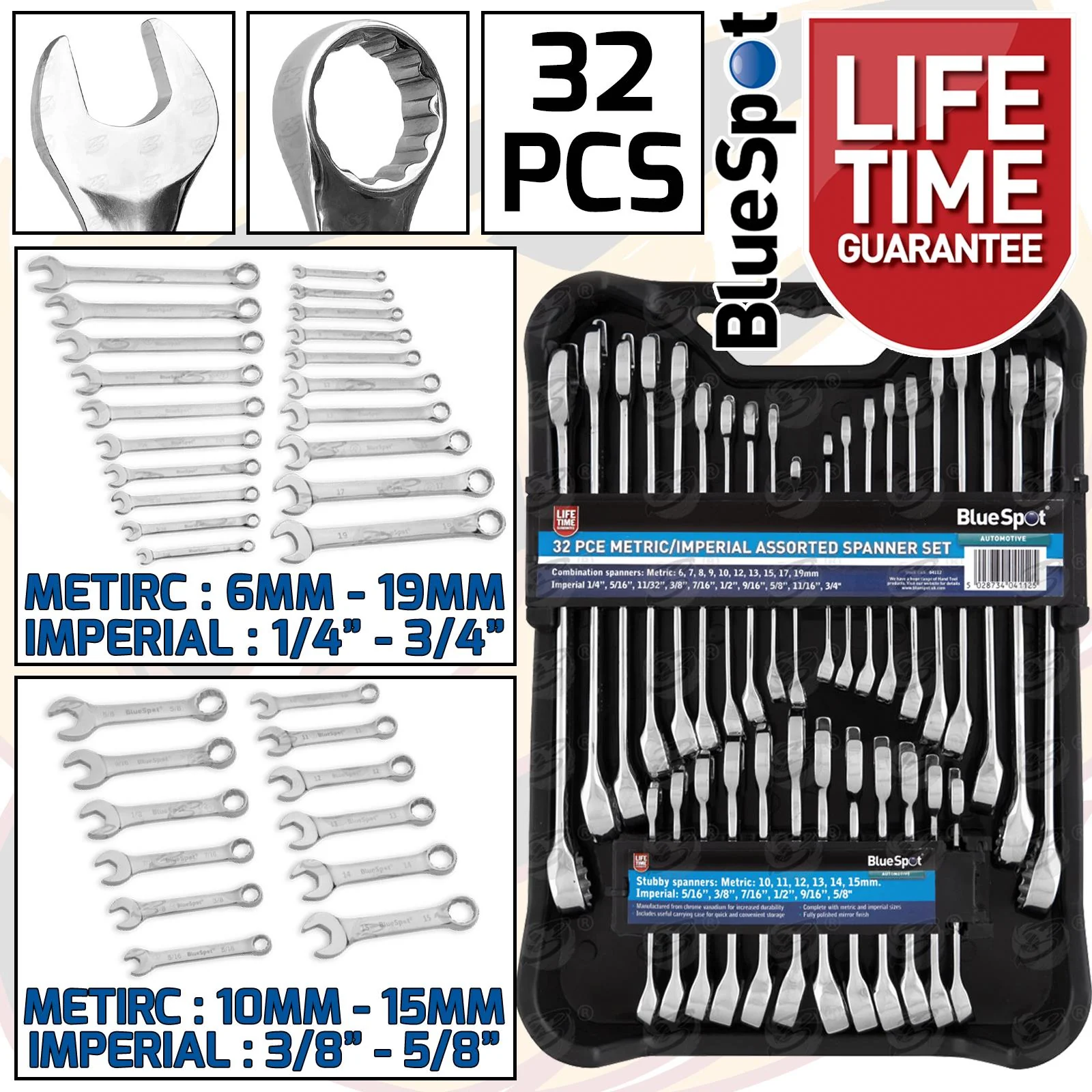 BlueSpot 32 Piece Metric & Sae Combination Spanners 6mm – 19mm & 1/4″ – 3/4″ ( 04112 )
