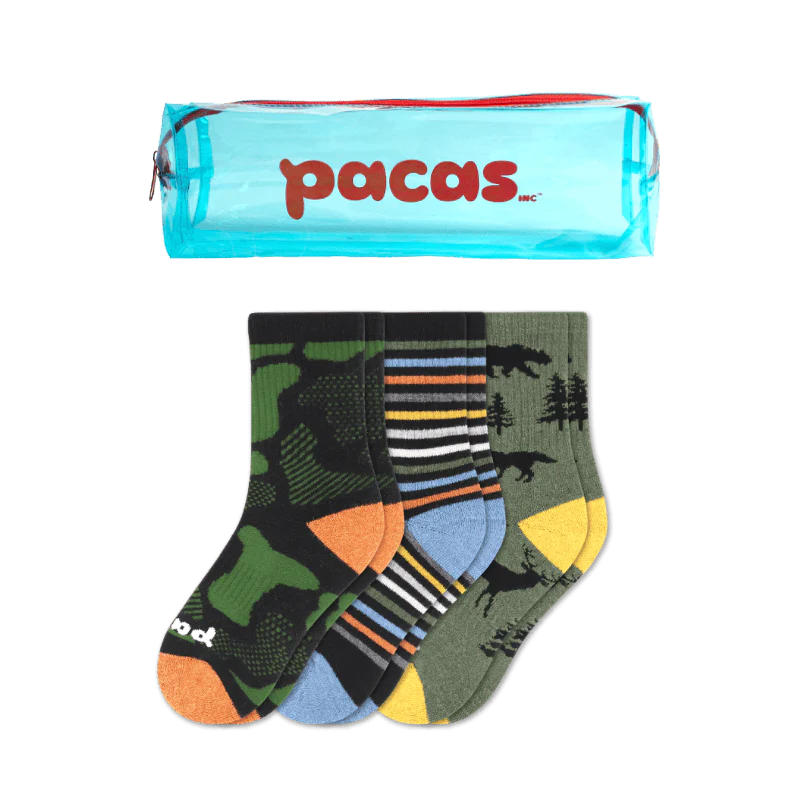 3 Pack – Kids’ Crew Pacas Socks: Camo/Stripe/Animal / Kids’ Shoe Size 9C – 2Y