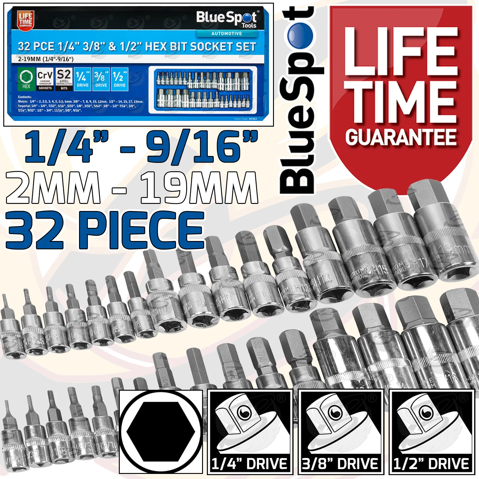 BlueSpot 32 Piece 1/4″ & 3/8″ & 1/2″ Drive Metric & Imperial Hex Bit Sockets ( 2mm – 19mm ) ( 1/4″ – 9/16″ ) ( 01561 )