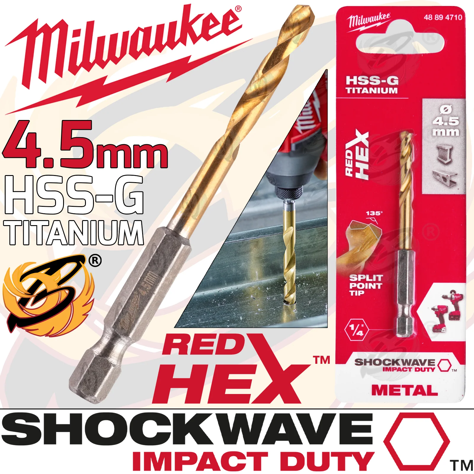 Milwaukee 4.5mm HSS Titanium Metal Red Hex Drill Bit ( 48894710 )
