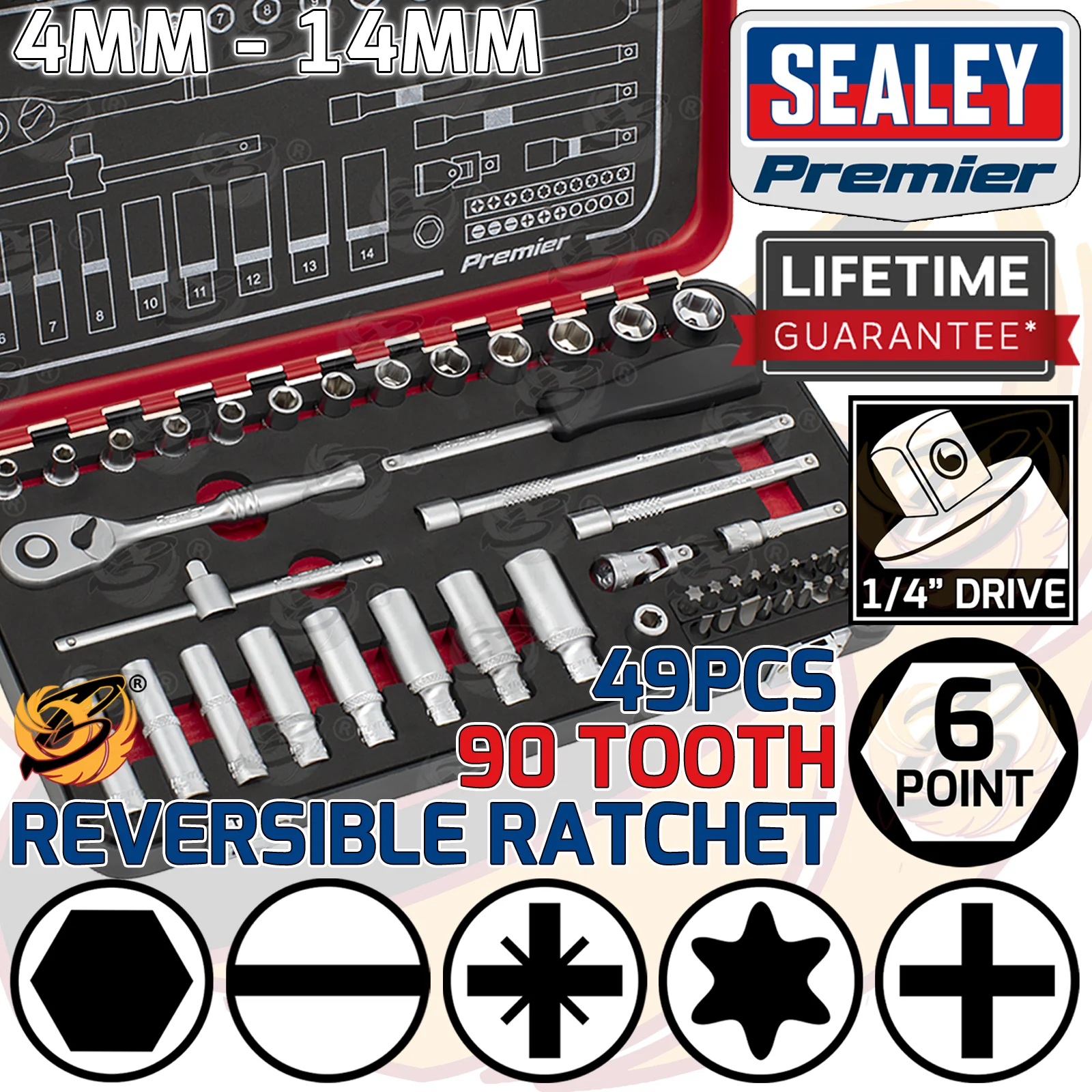 Sealey 49 Piece 1/4″ Drive 6 Point 90 Tooth Premier Platinum Socket Set 4mm – 14mm ( AK7920 )