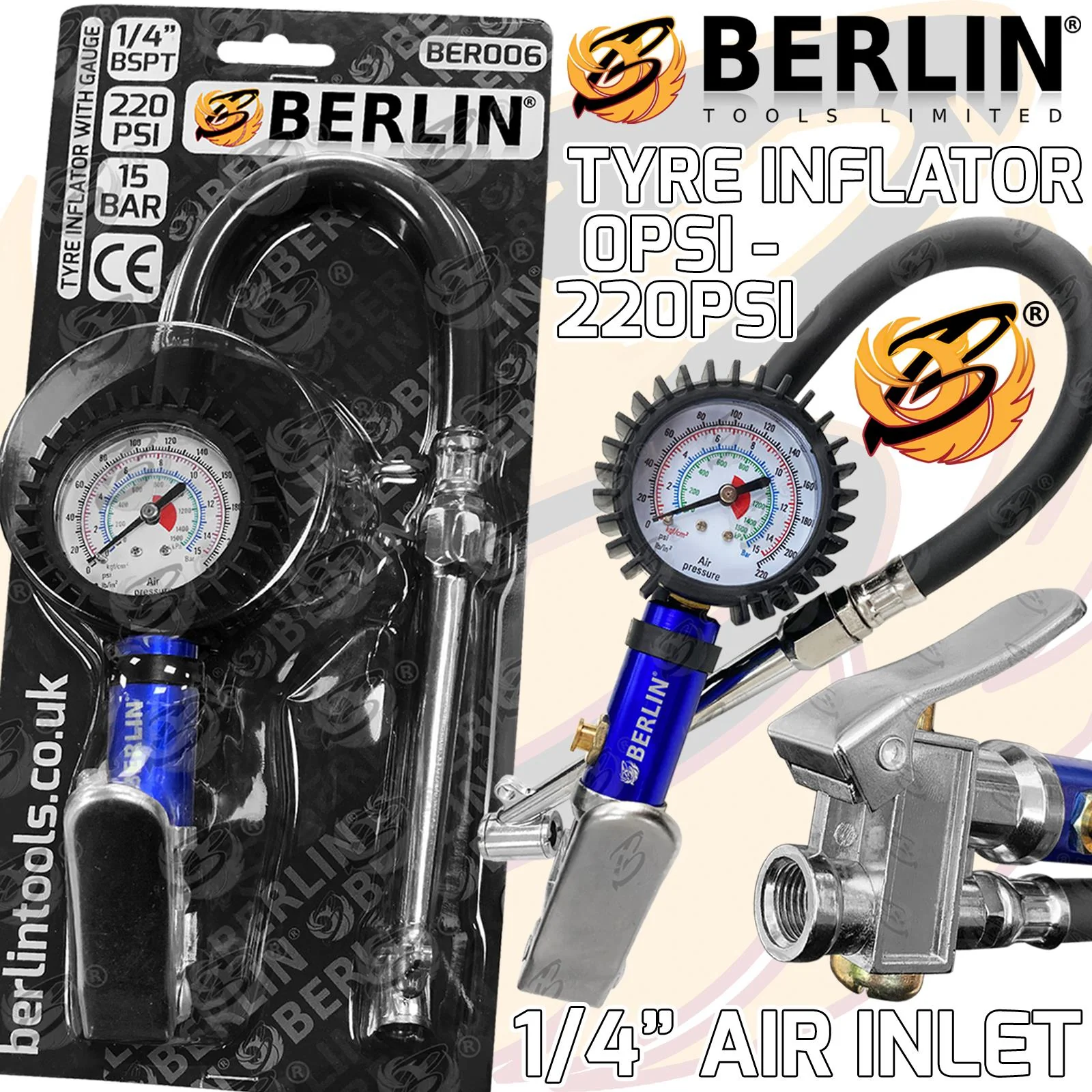 Berlin Tools Professional Tyre Inflator With Gauge Air Line Tyre Pump Pressure Tester ( Ber006 ) ( BER006 )