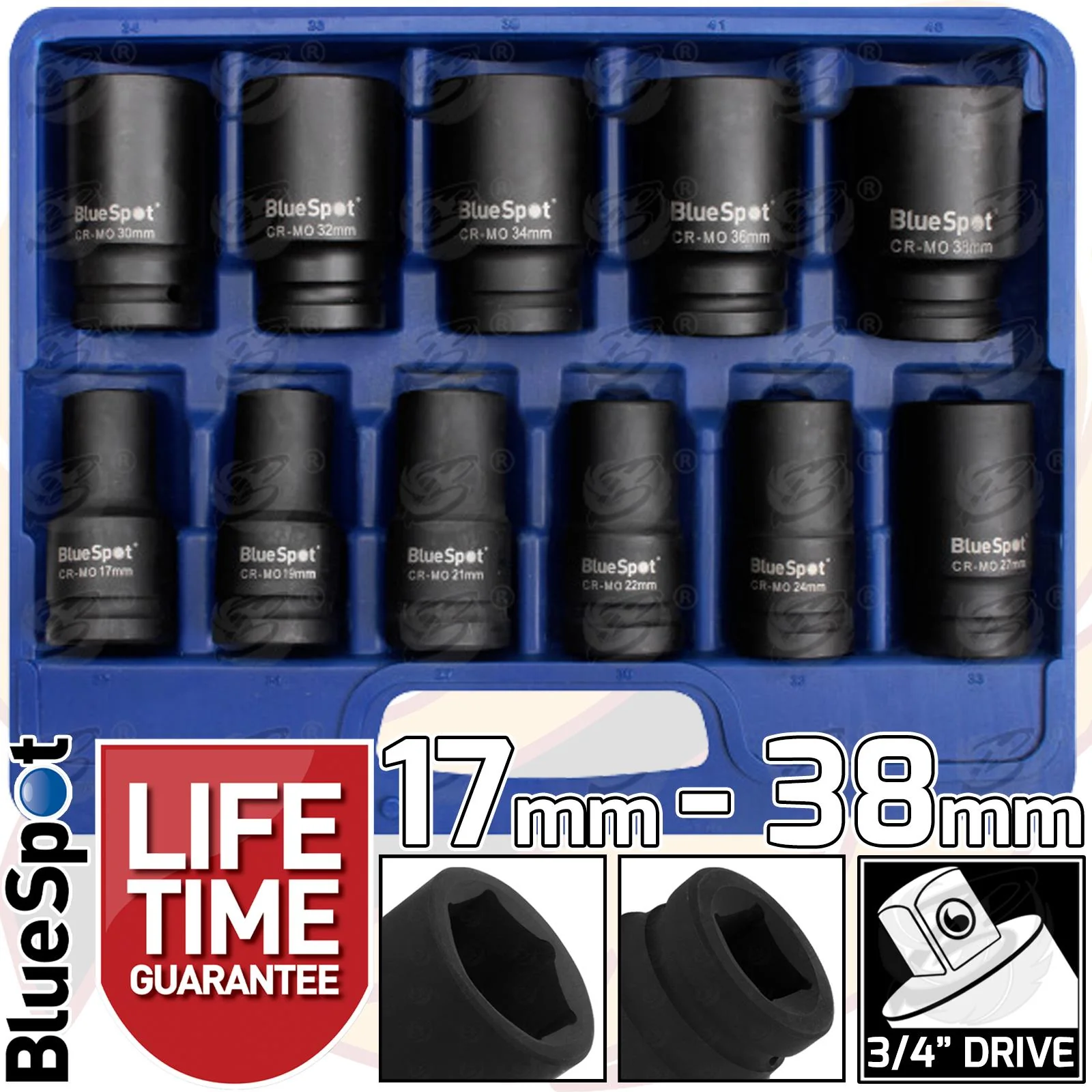 BlueSpot 11 Piece 3/4″ Drive 6 Point Deep Impact Sockets 17mm – 38mm ( 01558 )