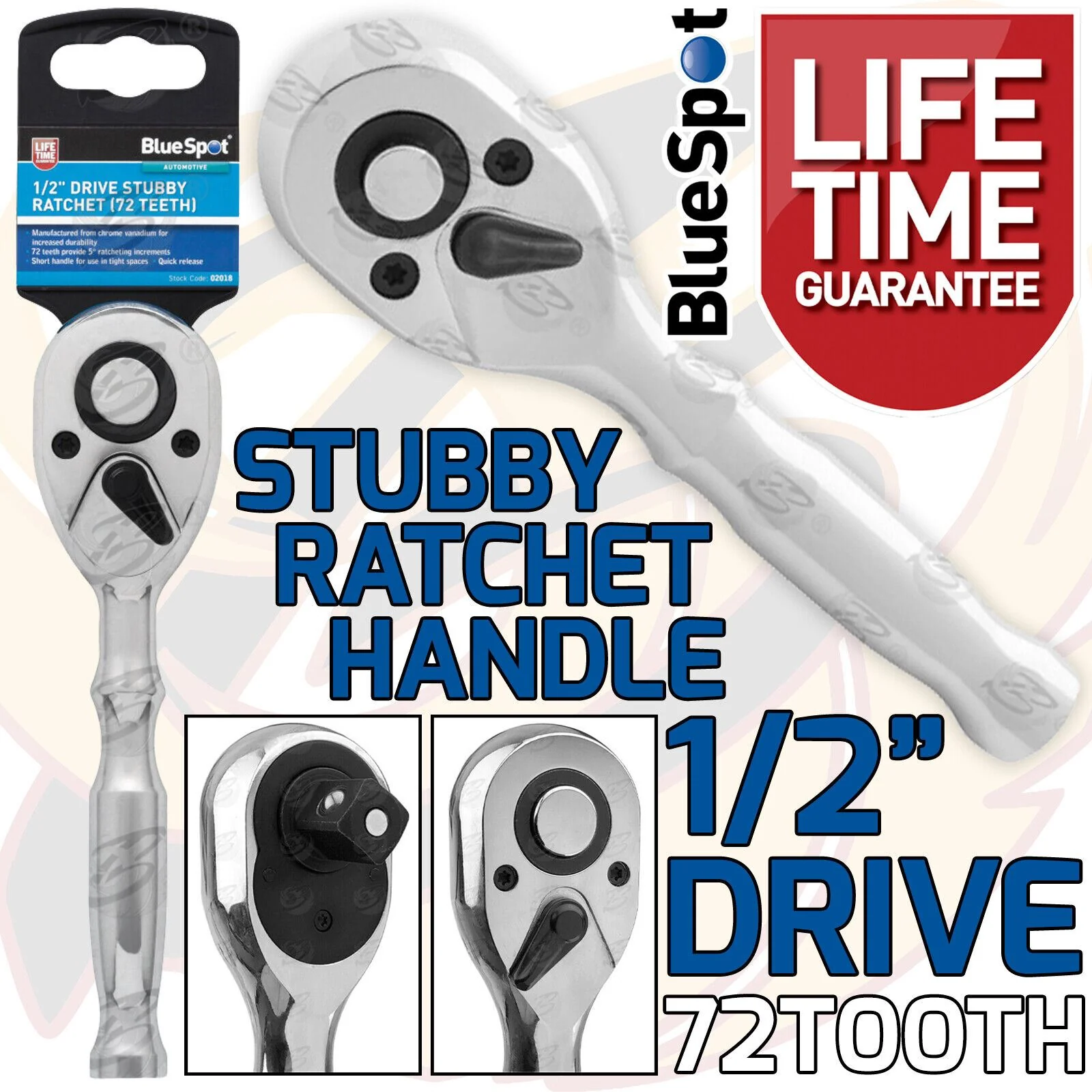 BlueSpot 1/2″ Drive 72 Tooth Stubby Ratchet Handle ( 02018 )