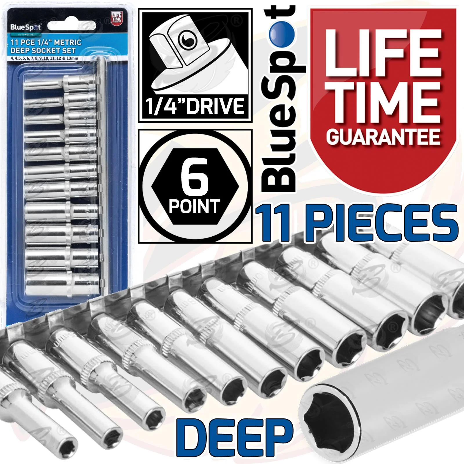 BlueSpot 11 Piece 1/4″ Drive 6 Point Deep Sockets 4mm – 13mm ( 01540 )