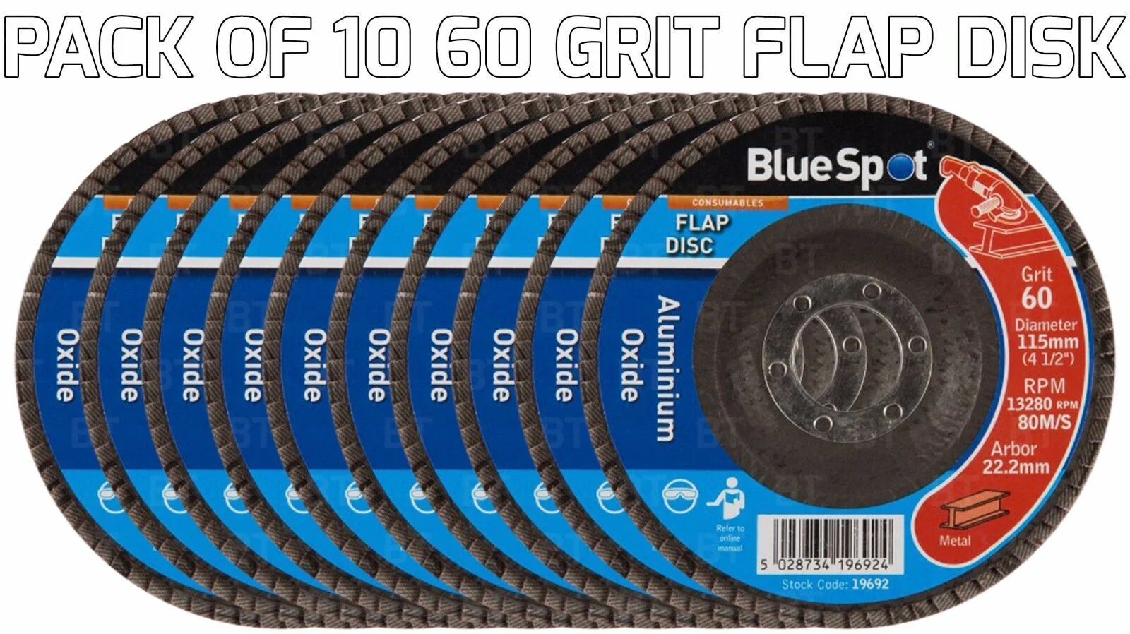 BlueSpot 10 Piece 60 Grit 115mm Angle Grinder Flap Disc ( 19692 )
