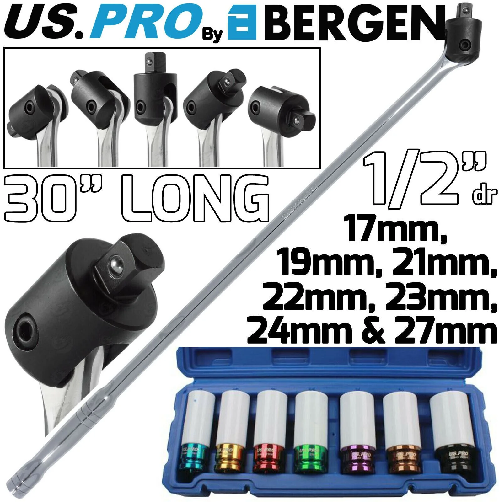 US Pro 1/2″ Drive 30″ Long Breaker Bar & 7 Piece 6 Point Alloy Wheel Nut Sockets 17mm – 27mm  2094 & 3459