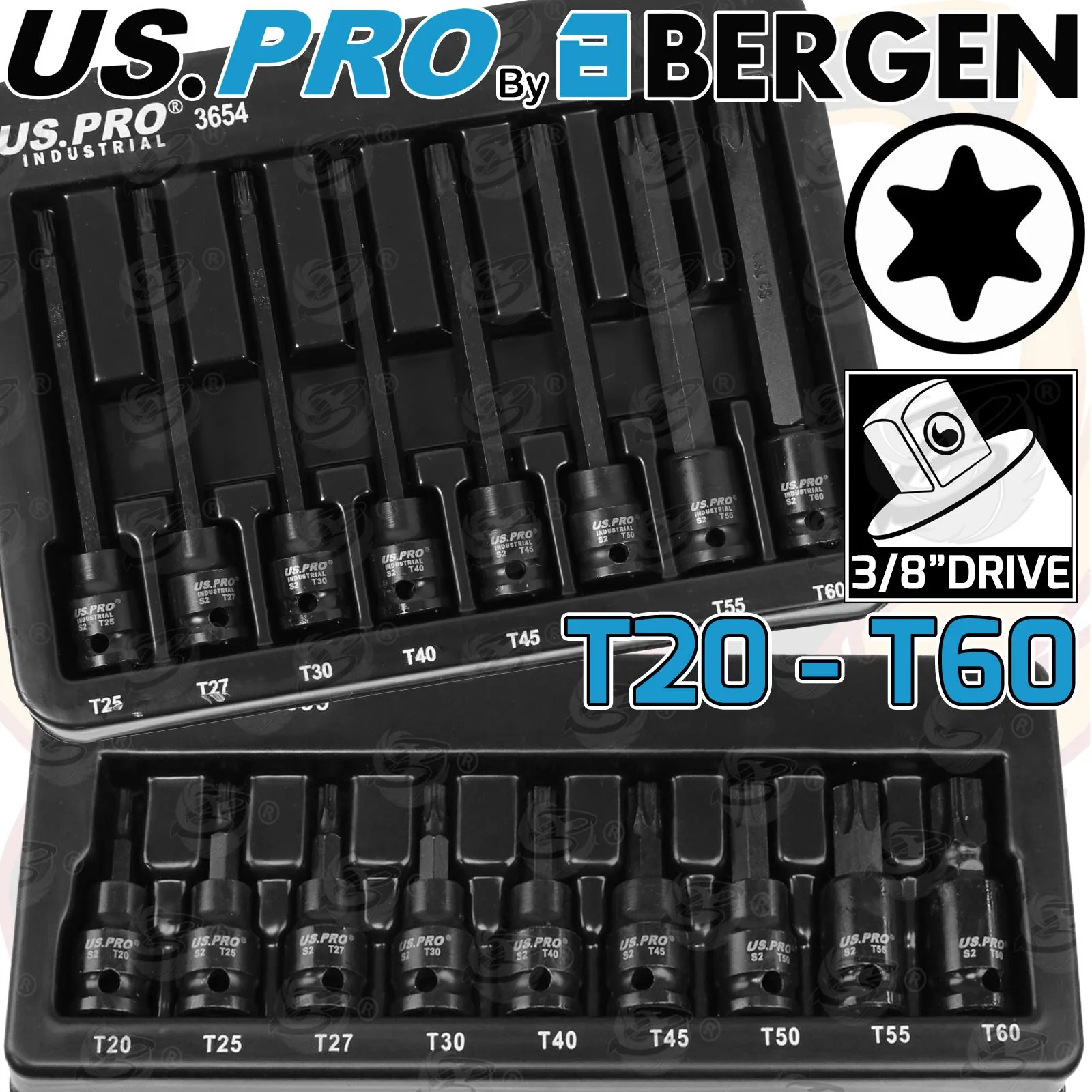 US Pro Impact 17 Piece 3/8″ Drive Long & Short Torx Bit Socket Set T20 – T60  3654 & 3955