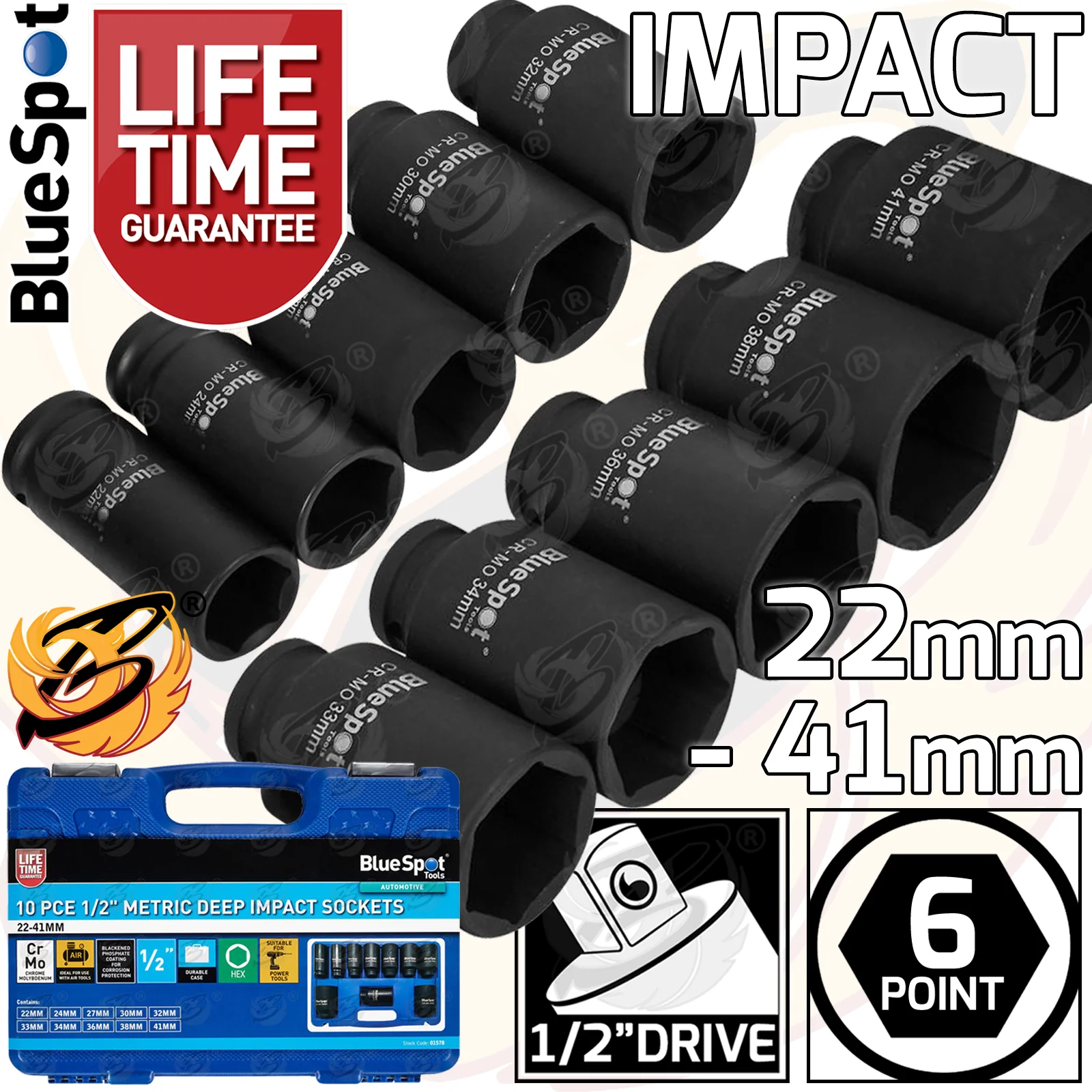 BlueSpot 10 Piece 1/2″ Drive 6 Point Deep Impact Sockets 22mm – 41mm ( 01578 )
