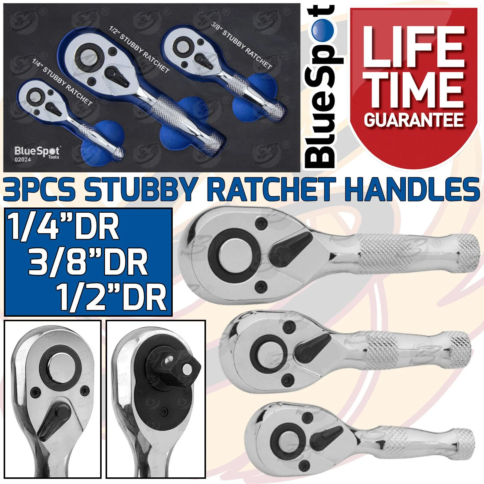 BlueSpot 3 Piece 72 Tooth Stubby Ratchet Handle Set 1/4″ & 3/8″ & 1/2″ Drive ( 02024 )